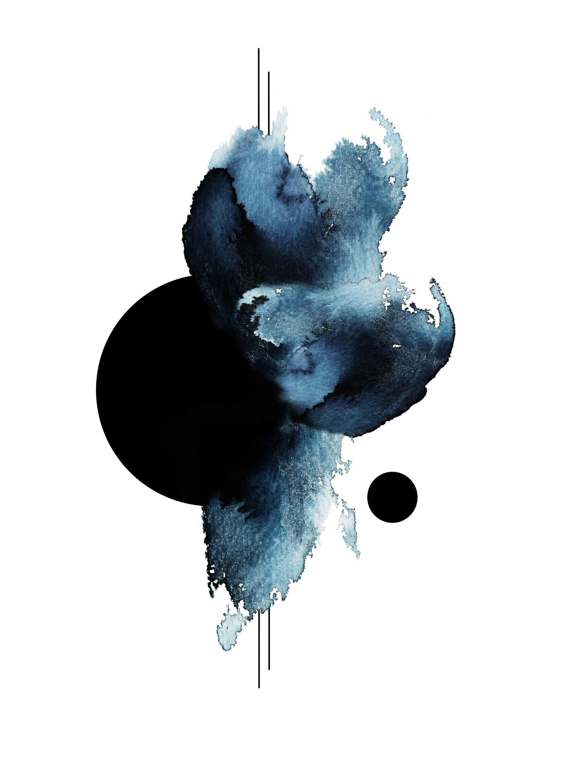 Abstrakt akvarell poster med svarta och blåa former på vit bakgrund, skapar en lugn känsla.