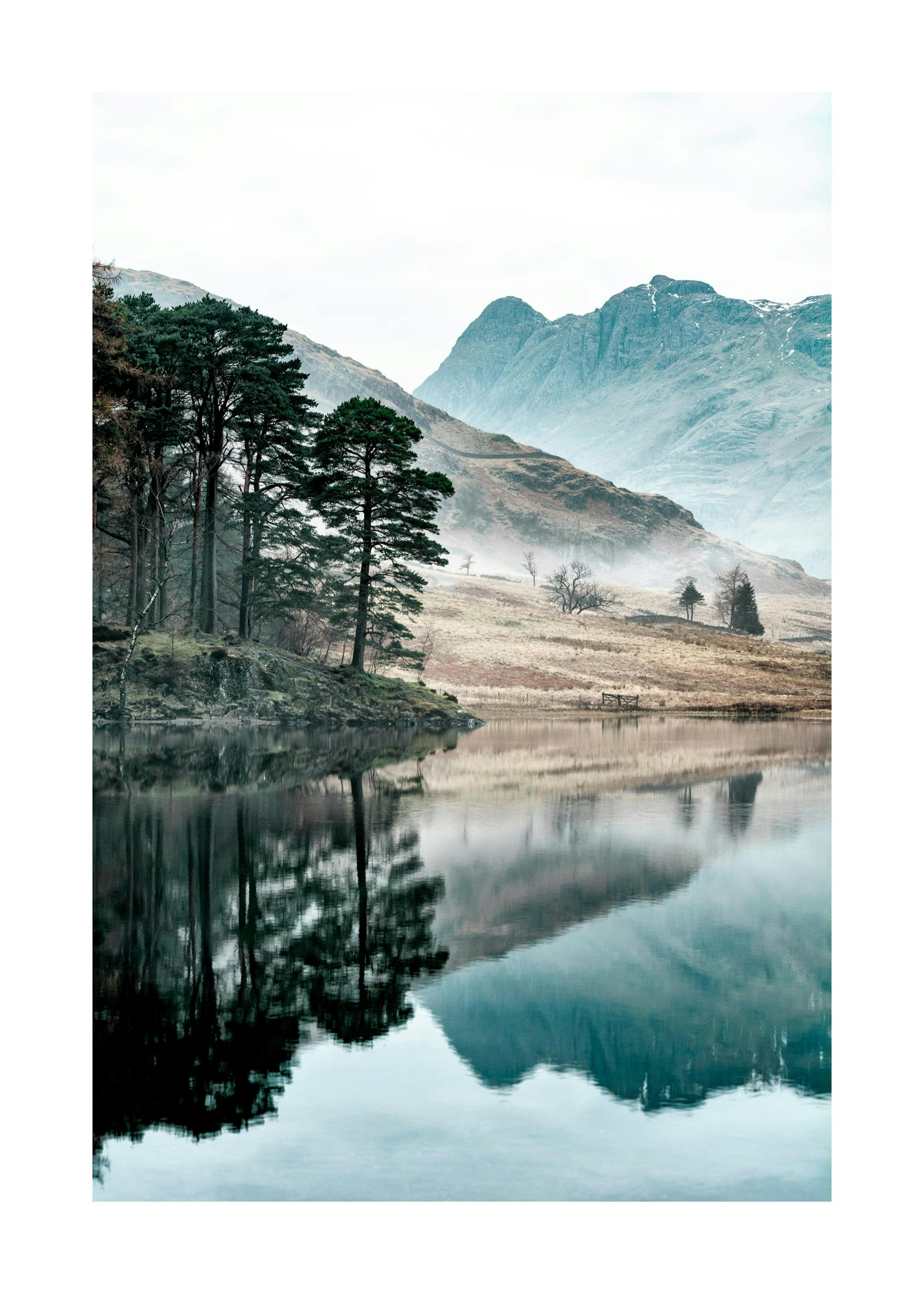 Fotografia naturalistica di montagna e alberi che si riflettono nel lago, ideale per poster paesaggistici.
