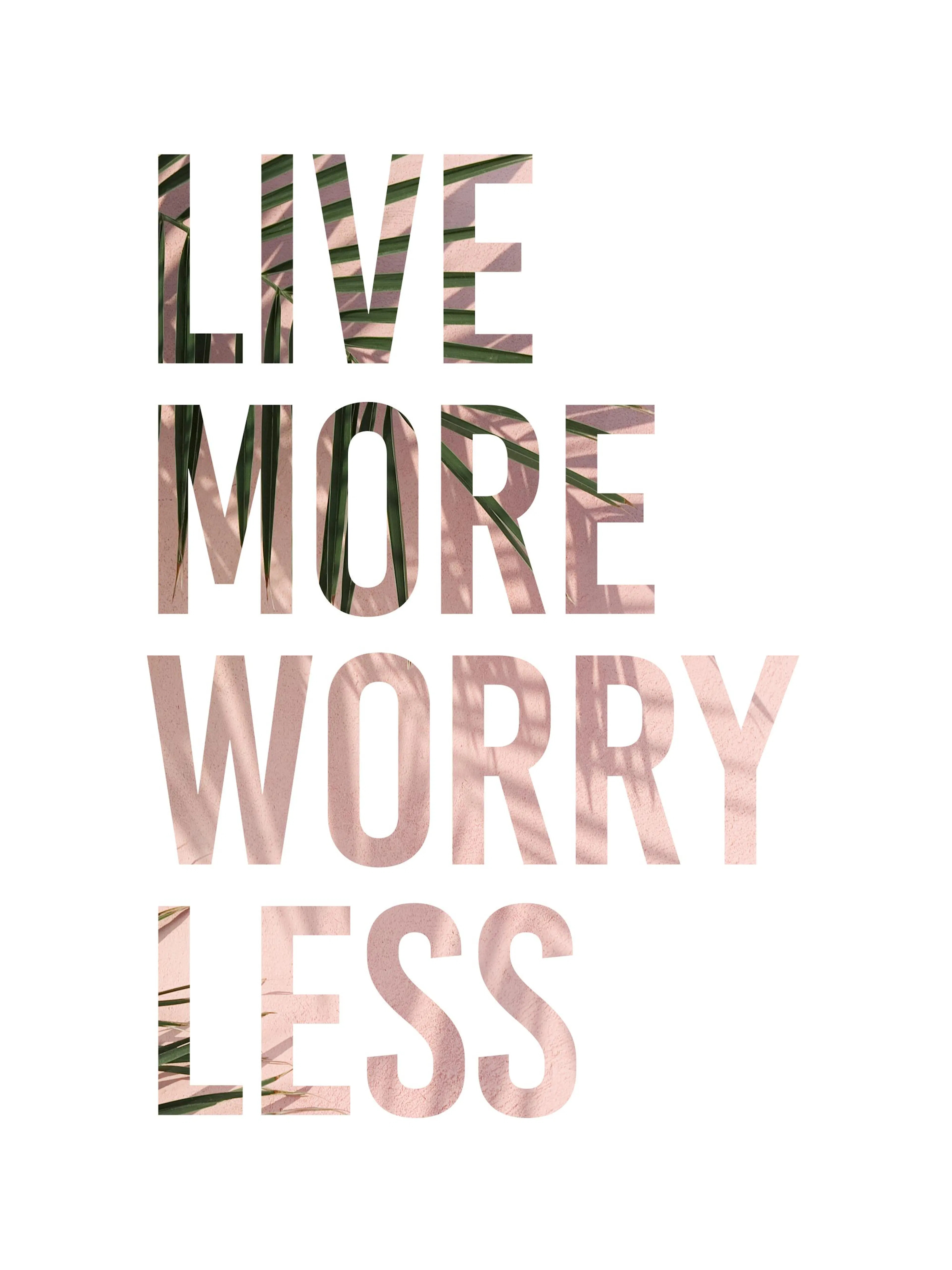 Live More Worry Less poster with text filled with green leaves and a pink wall, on a white background.