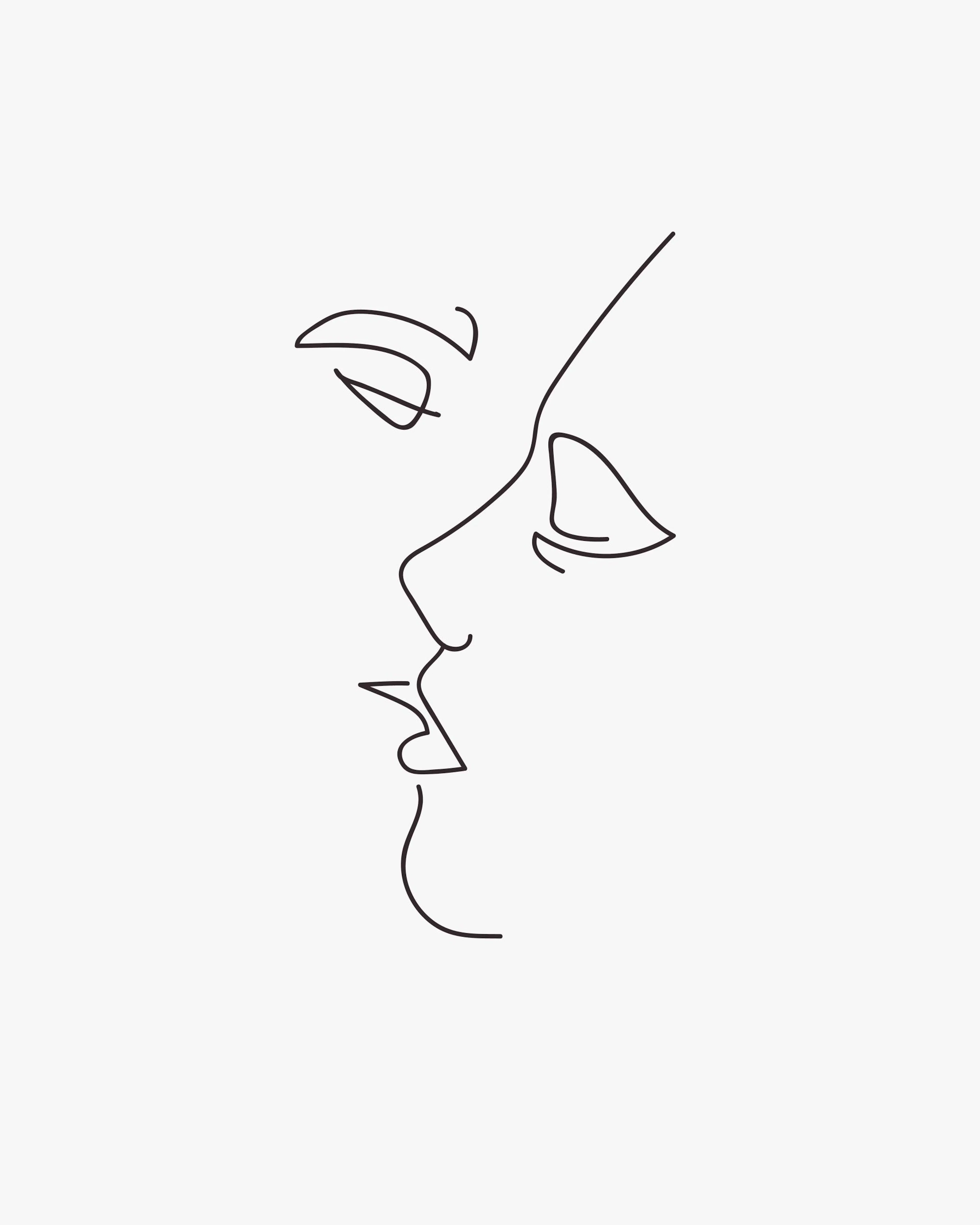 Minimalistic illustration of two faces in profile, almost kissing, drawn with flowing black lines on a light background. Ideal f
