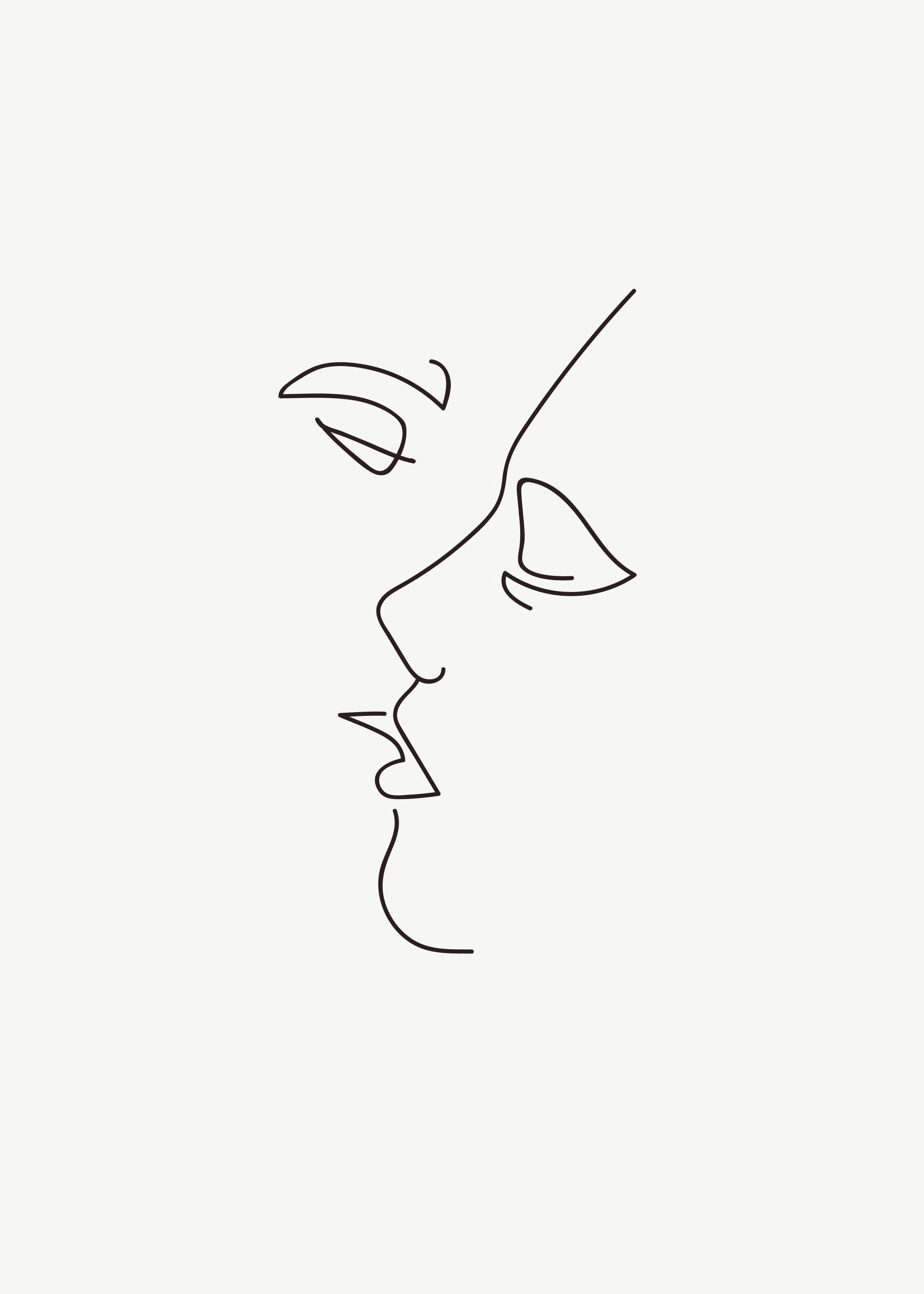 Poster mit einer minimalistischen Gesichter-Umrisszeichnung, die über einem Schreibtisch mit Stuhl und Vase hängt.