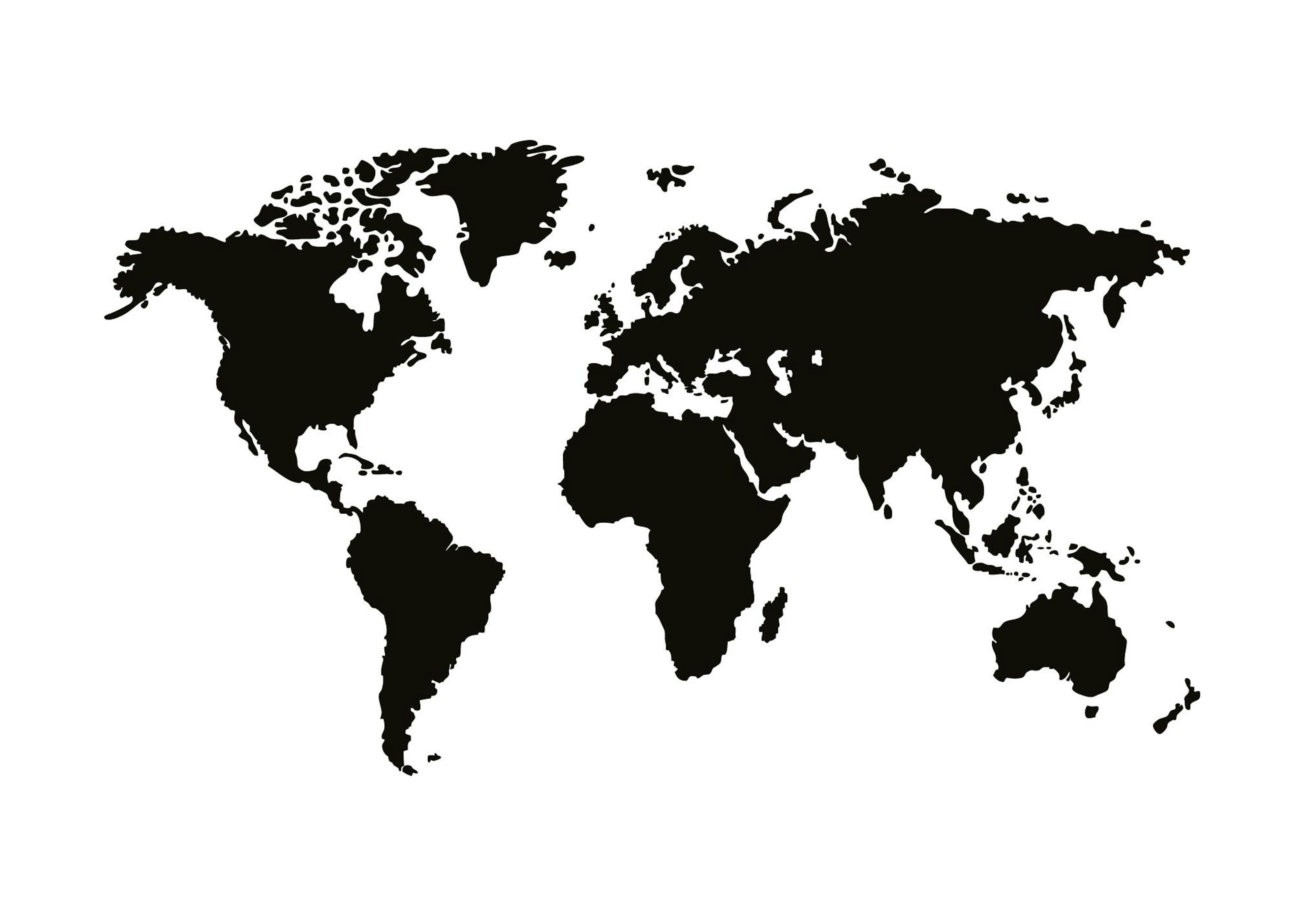 Póster Mapa do Mundo Preto e Branco com silhueta detalhada dos continentes