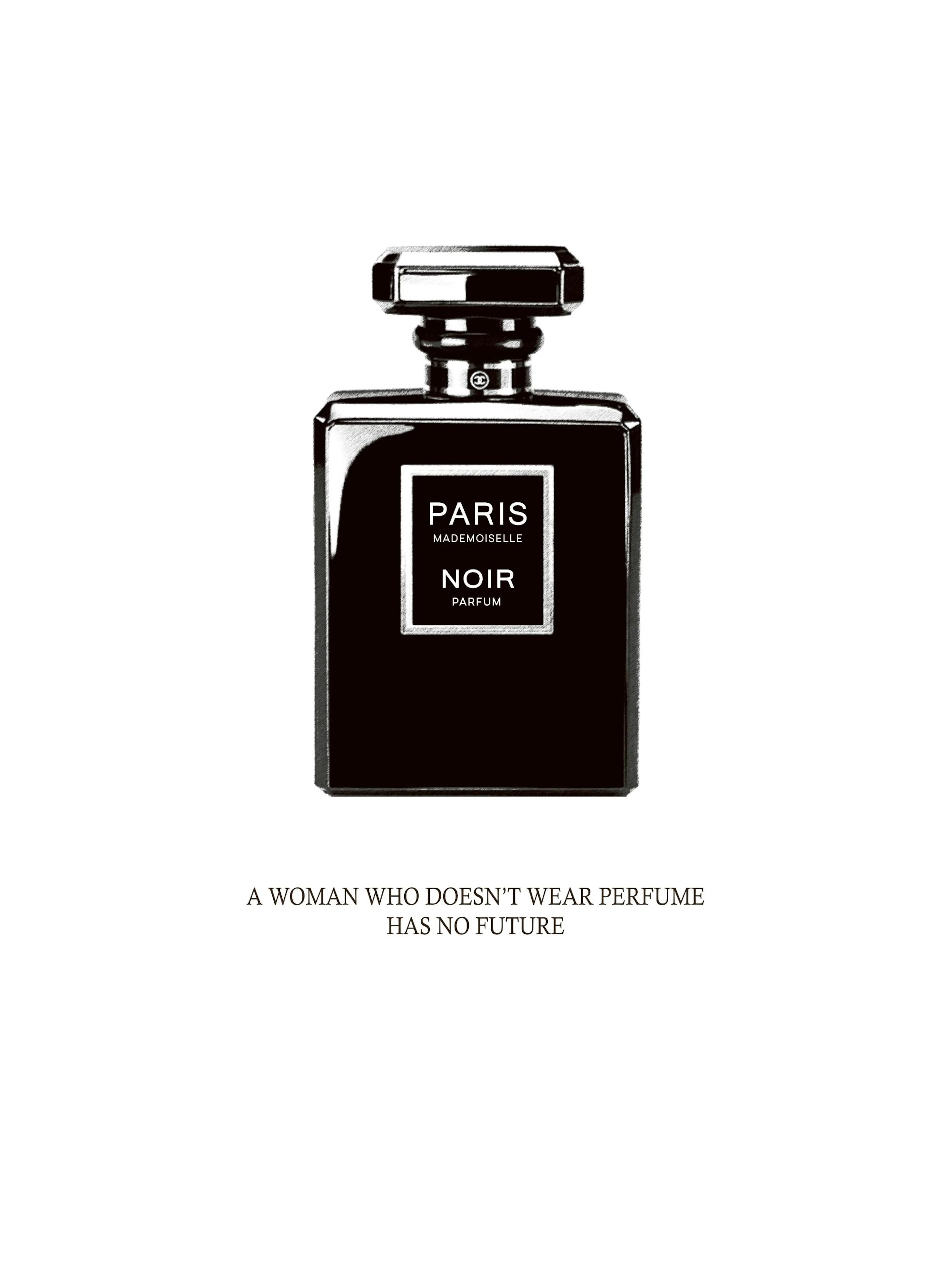 Czarno-biały plakat modowy z flakonem perfum i cytatem Coco Chanel, idealny do wnętrz