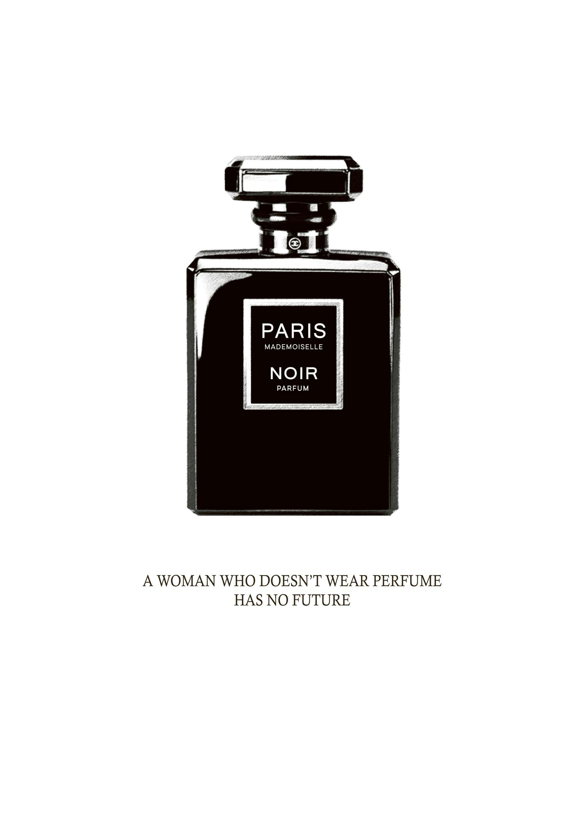 Póster de perfume preto com garrafa Paris Mademoiselle Noir, e texto inspirador sobre perfume.