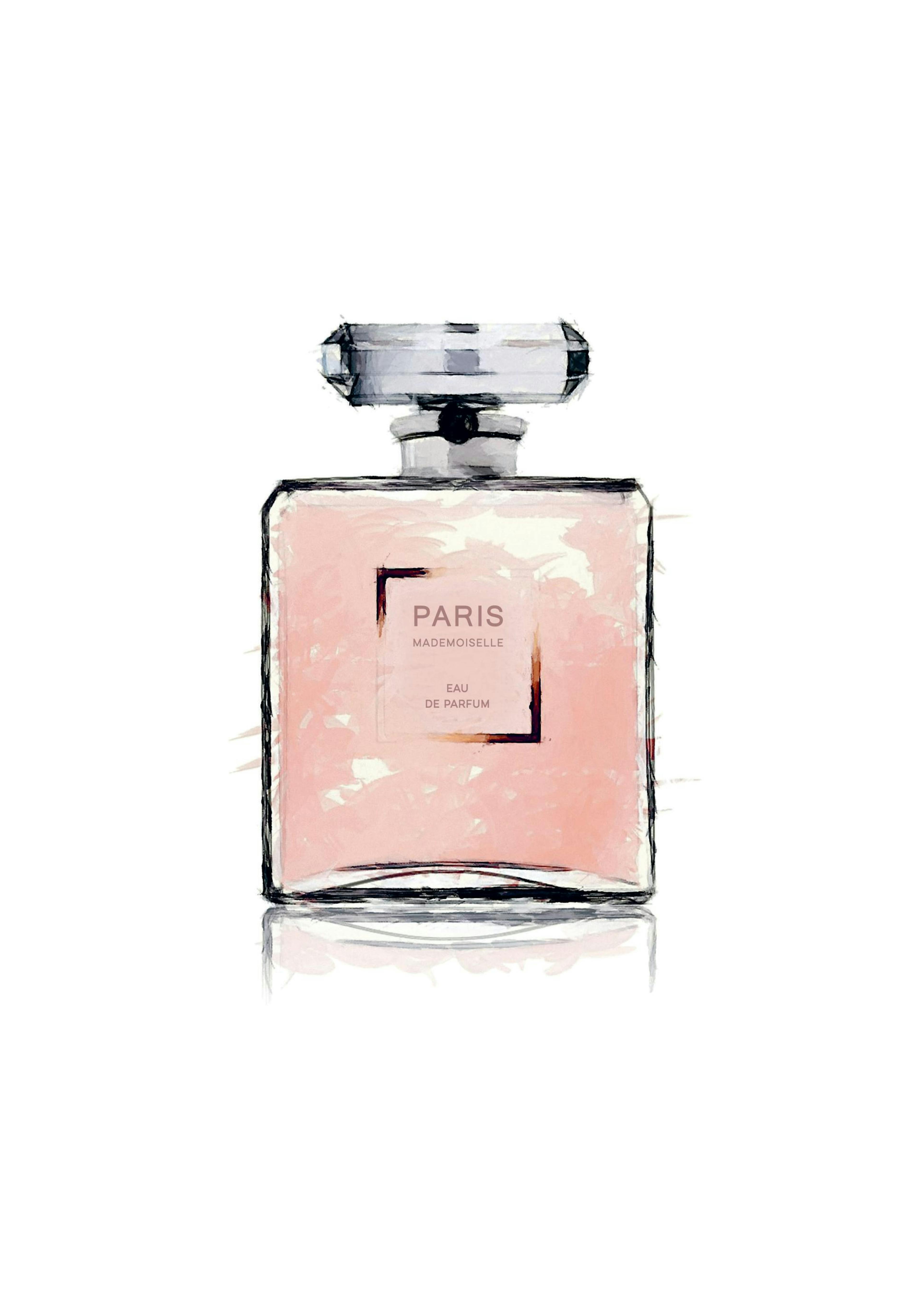 Póster de perfume rosa de acuarela con Paris en la etiqueta, estilo moda chic.