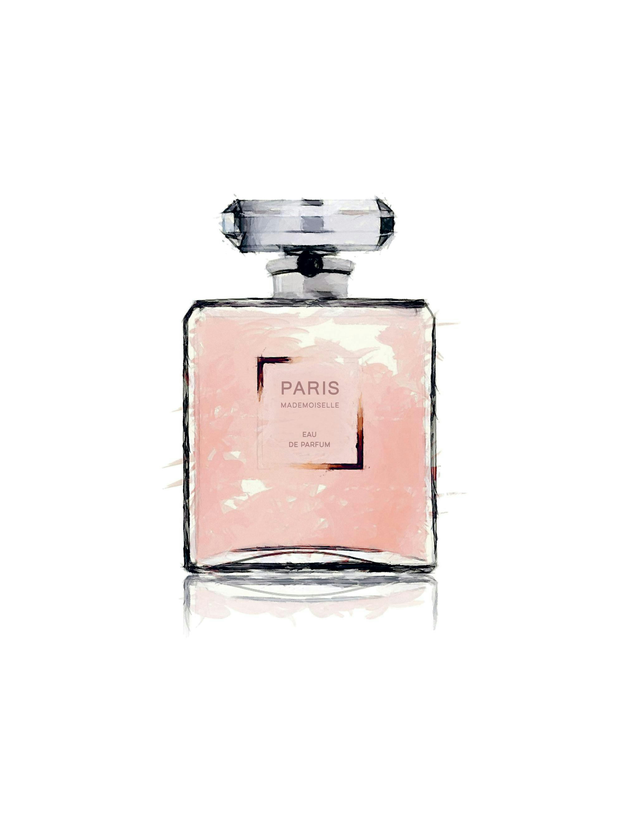 Akvarell av en rosa parfymflaska med texten Paris och Eau De Parfum, elegant modeposter.