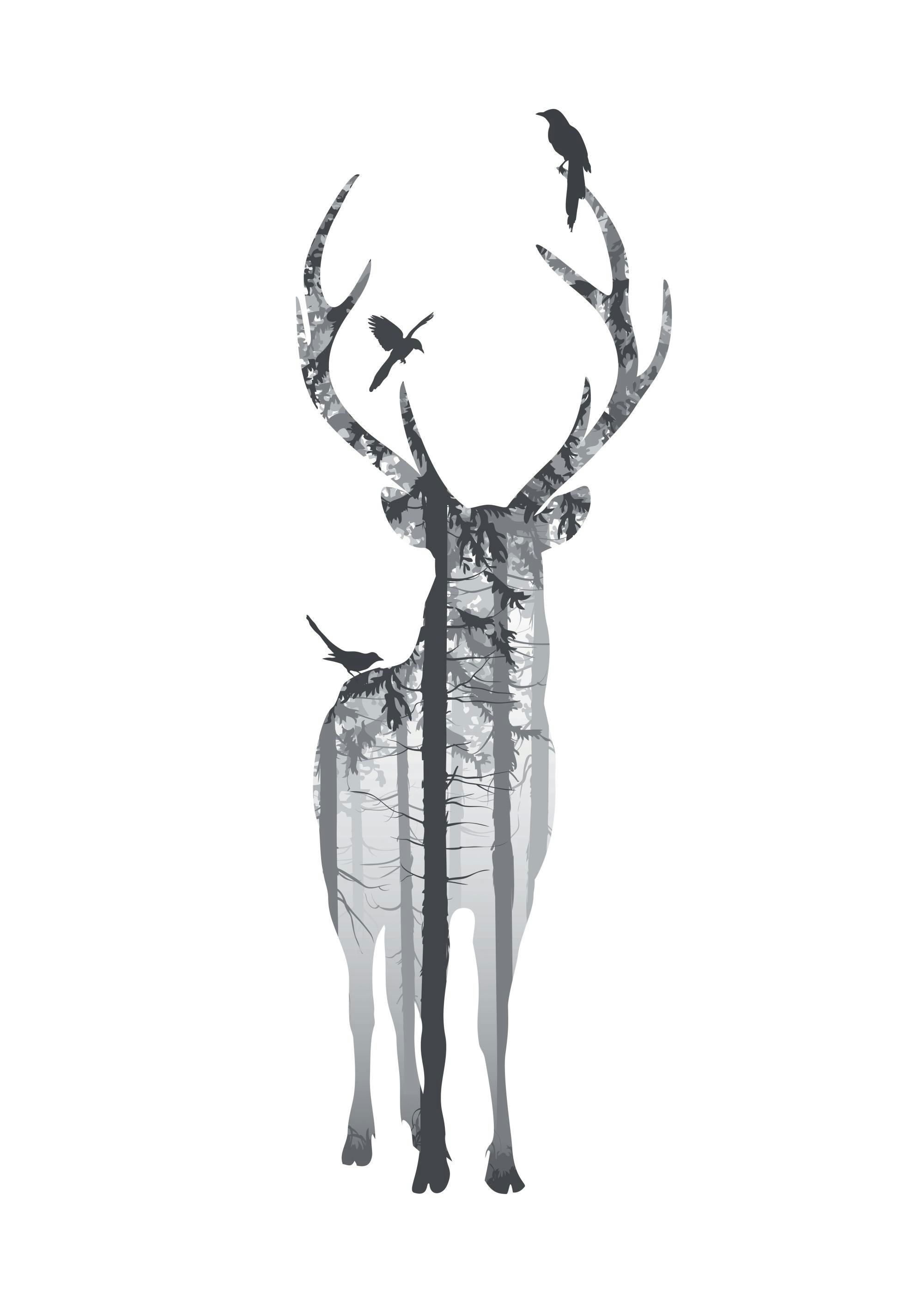 Schwarz-weisses Poster mit Hirsch-Silhouette und Waldmotiv. Vögel sitzen auf dem Geweih und im Baum. Natur, Tier, Wald.