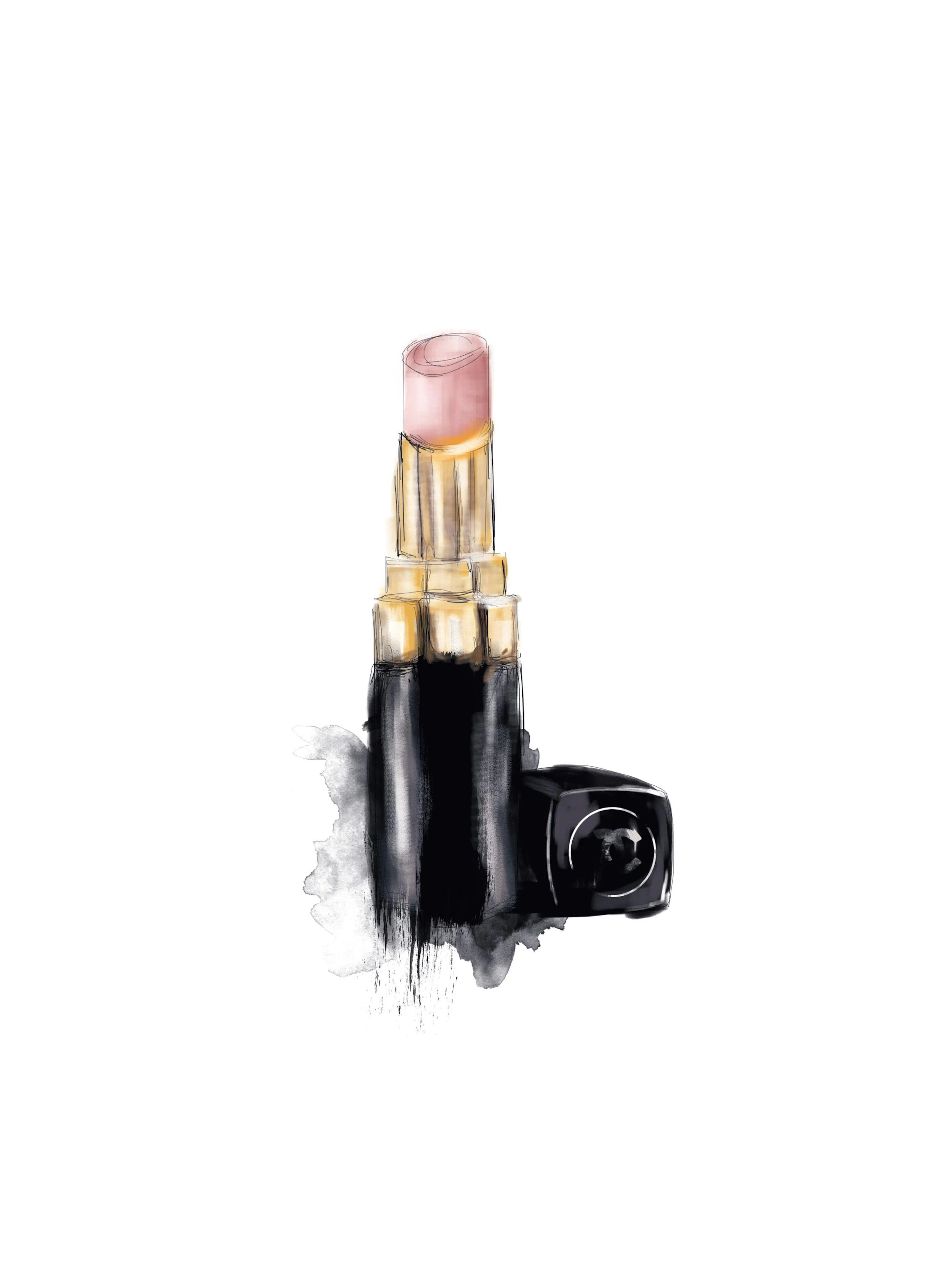 Lápiz labial Chanel rosa en estuche negro, ilustración de moda en acuarela.