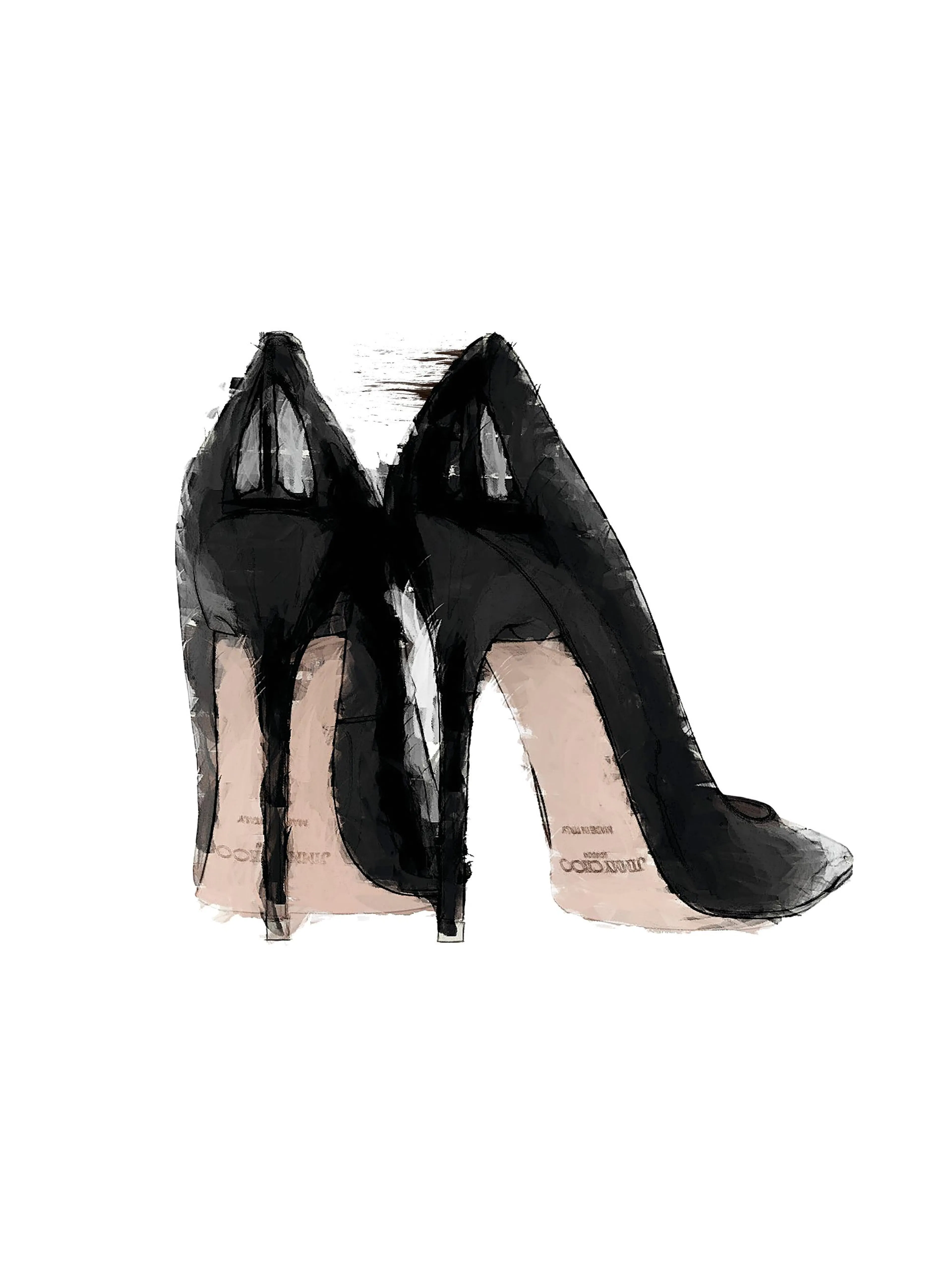 Jimmy Choo stiletto heels fashion poster, black and white sketch style, elegant footwear art print.