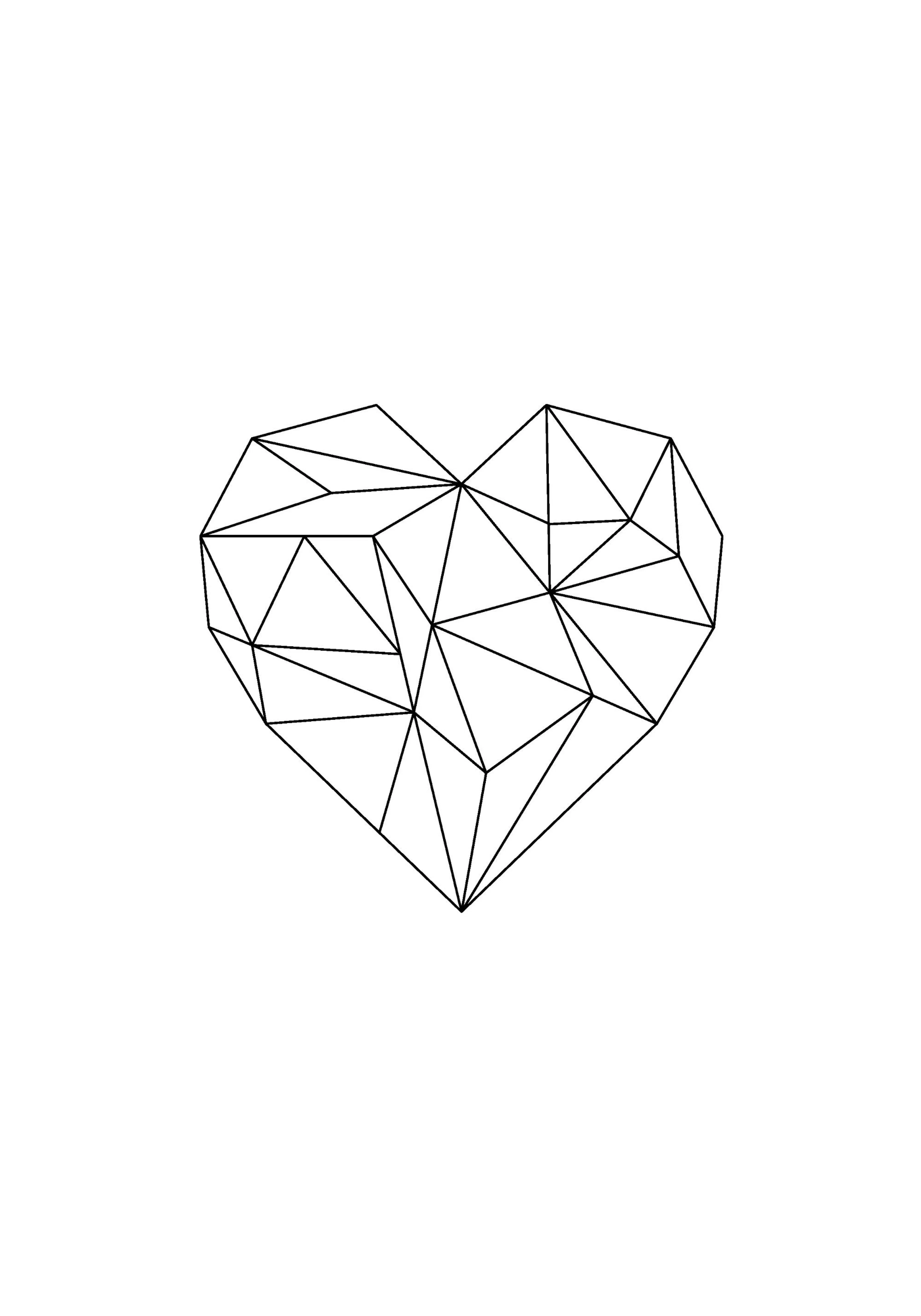 Black geometric heart print on a white background, featuring a faceted, polygonal design.