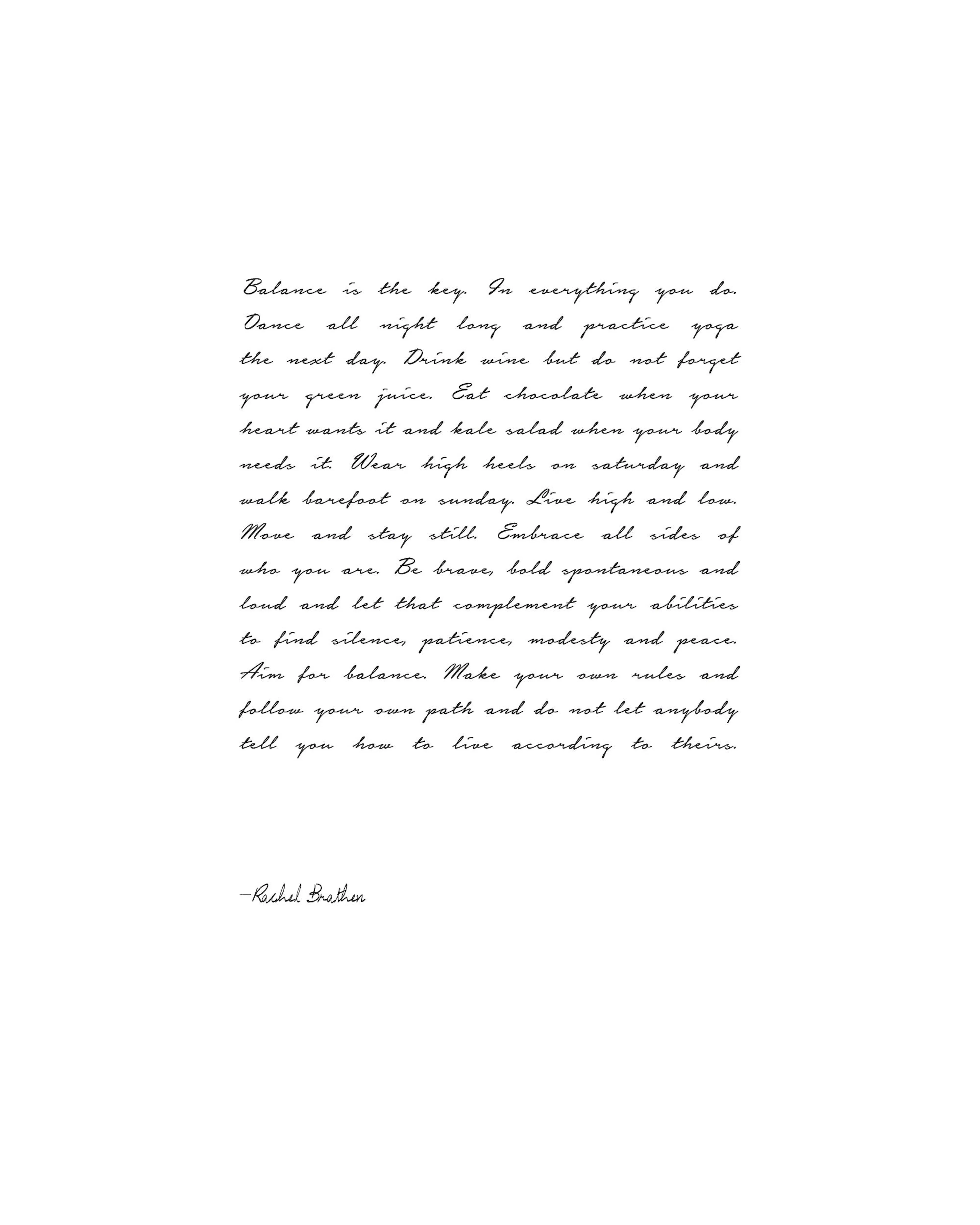 White poster print with Balance is the key quote in black cursive font, signed by Rachel Brathen.