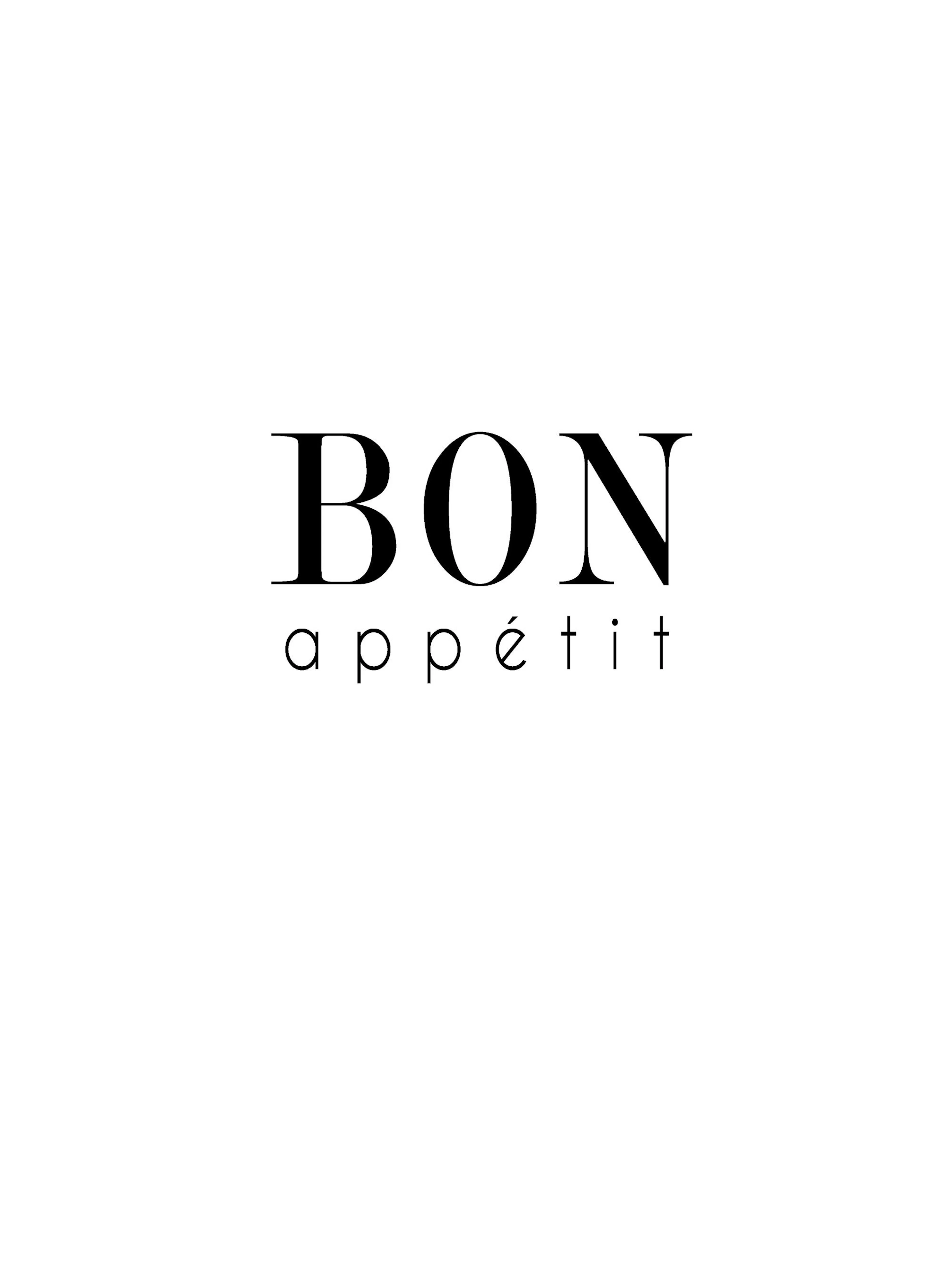 Póster de cocina con texto Bon appétit en blanco y negro, estilo minimalista, perfecto para decoración de cocina o comedor.
