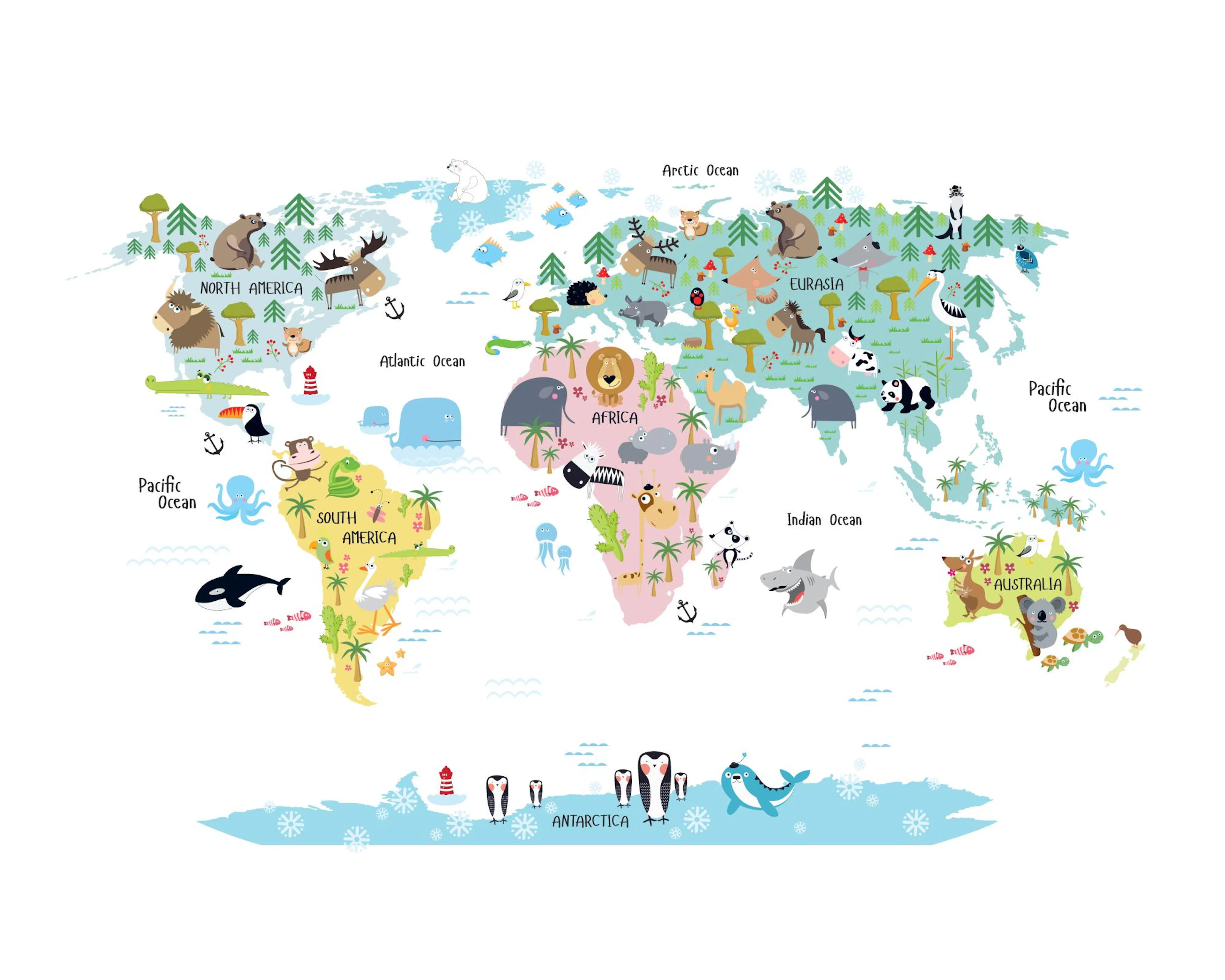 Illustrated world map for kids with animals on continents, pastel colors, and continent names for learning.