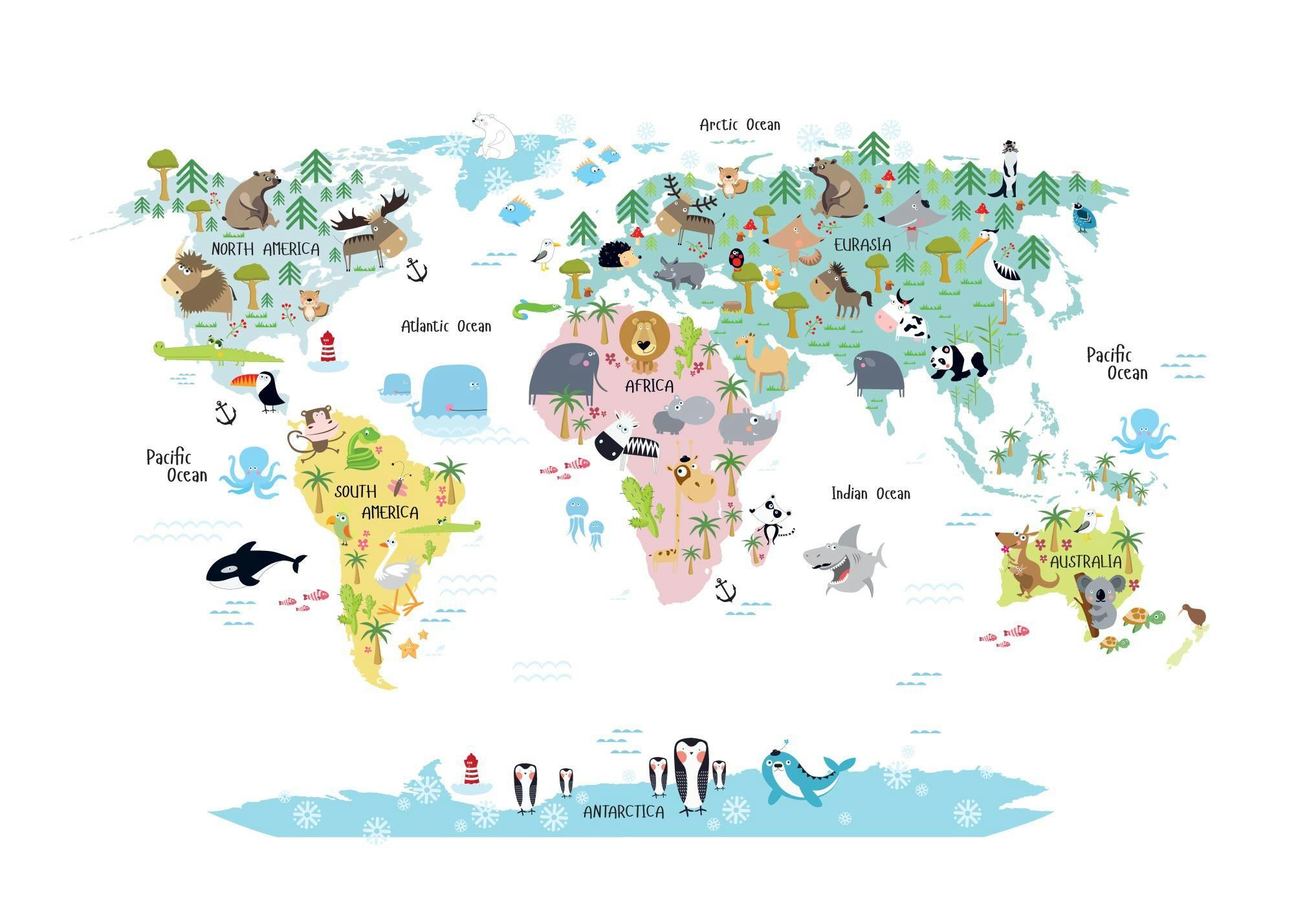 Affiche de carte du monde illustrée avec des animaux et continents aux couleurs pastel. Idéal pour une chambre denfant.