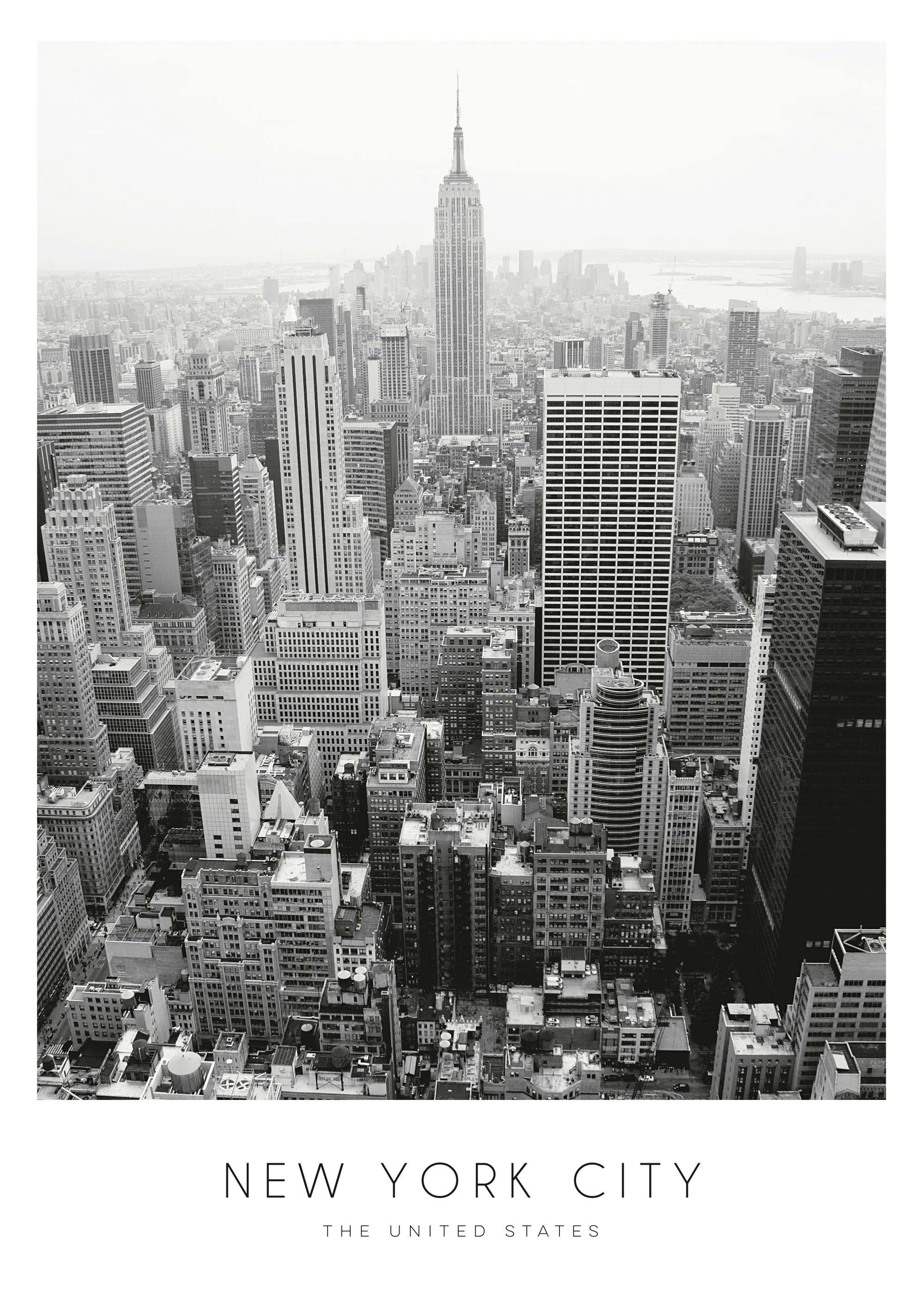 Affiche noir et blanc de la ville de New York, avec ses gratte-ciel emblématiques et le texte New York City The United States