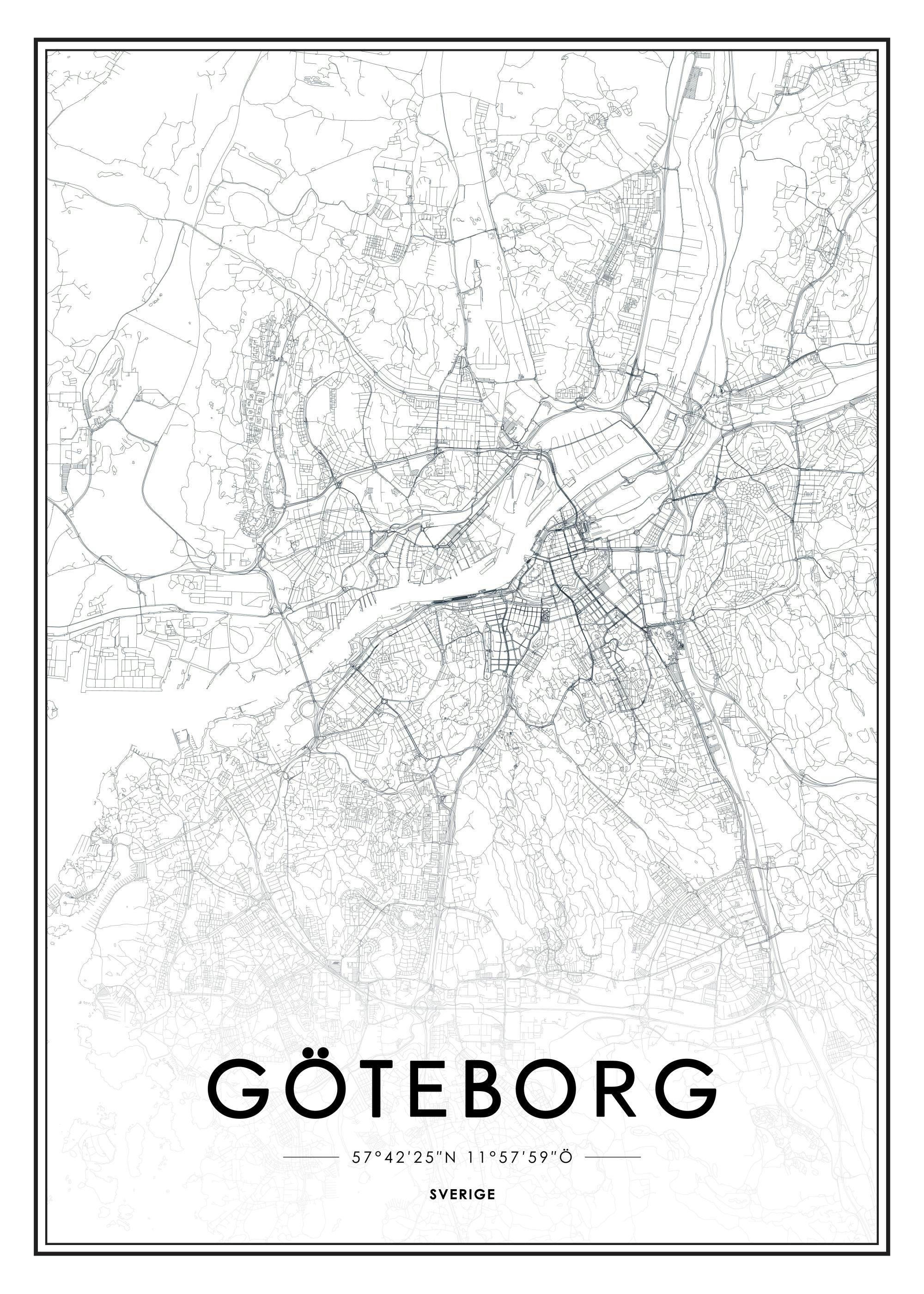 Póster de mapa de Gotemburgo en blanco y negro, estilo minimalista y detallado, con el texto GÖTEBORG y coordenadas.