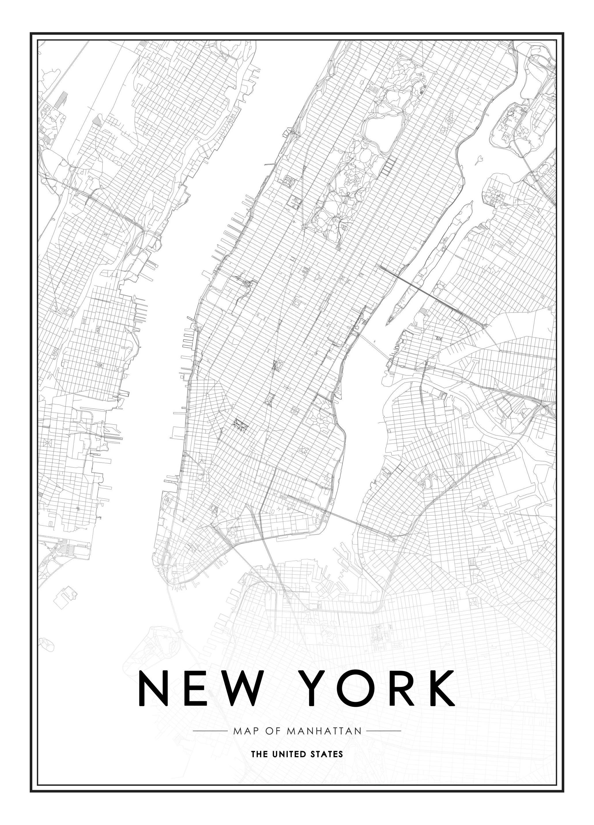 New York Map Affiche (30x40 cm)  Tableaux en noir et blanc