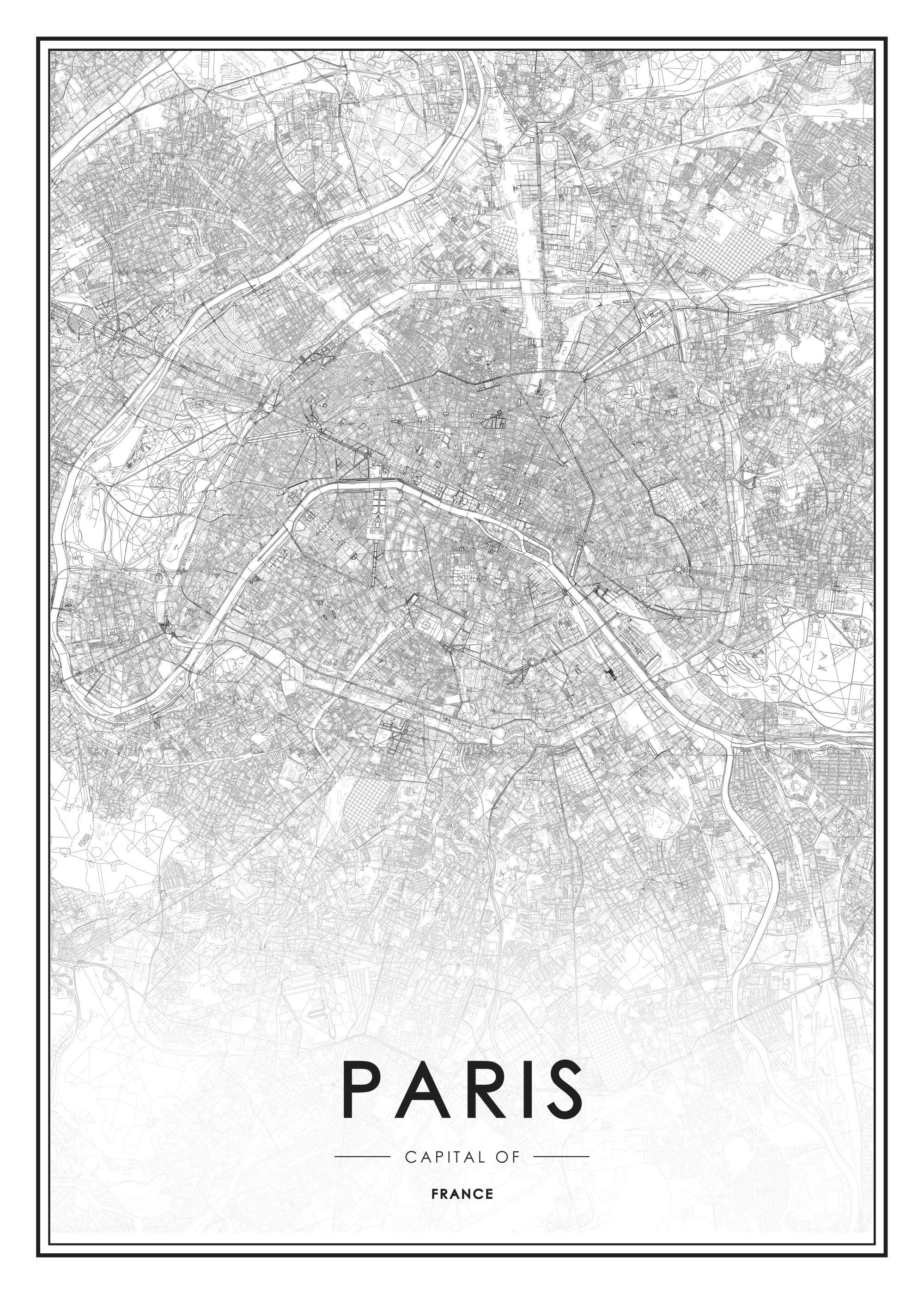 Póster de mapa detallado de París en blanco y negro, con diseño vintage. Muestra calles y ríos, ideal para decoración de interio