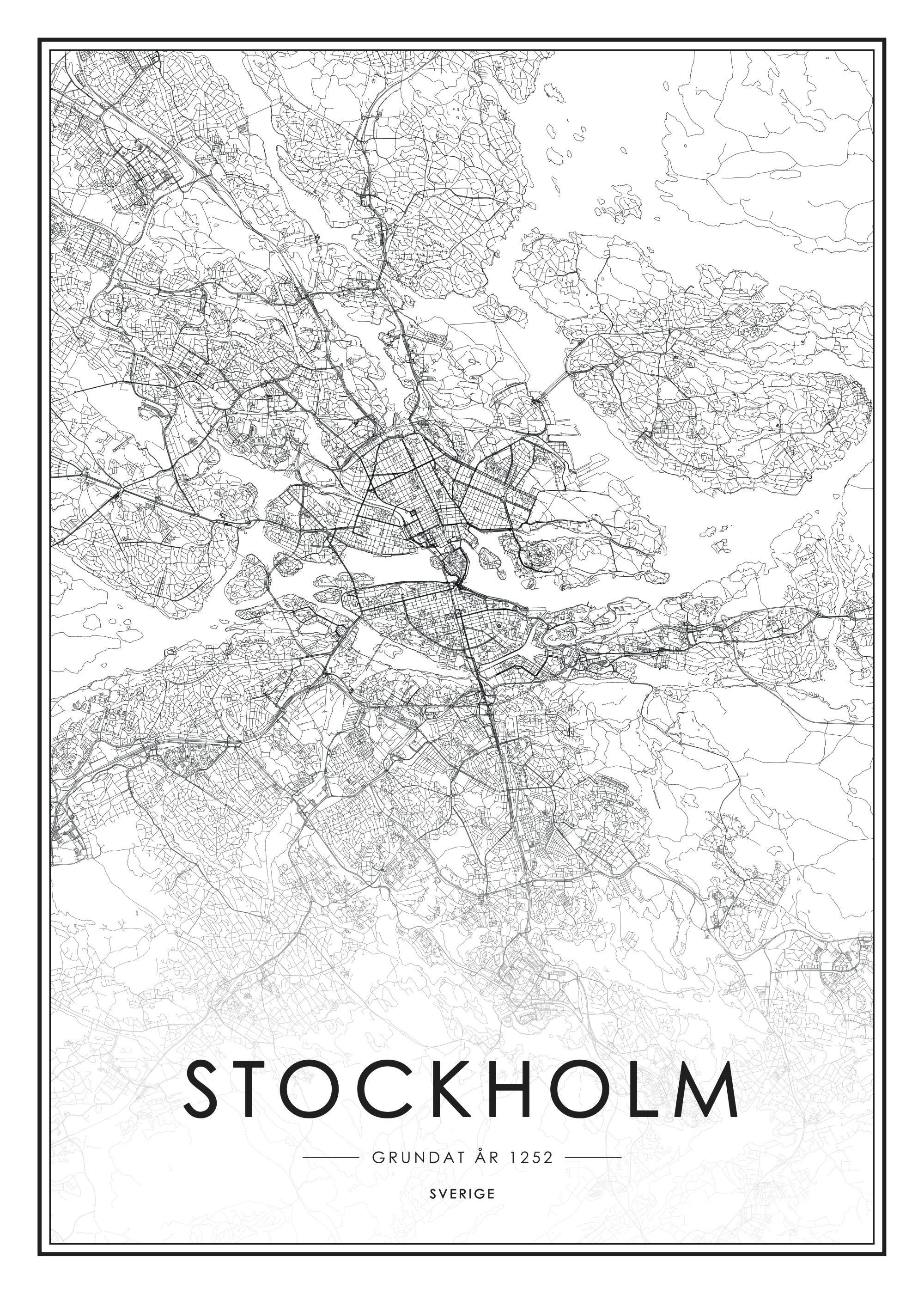 Svartvit Stockholmskarta i detaljerad gatuvy, med texten STOCKHOLM Grundat år 1252 Sverige nedtill för en stilren inredningsdeta