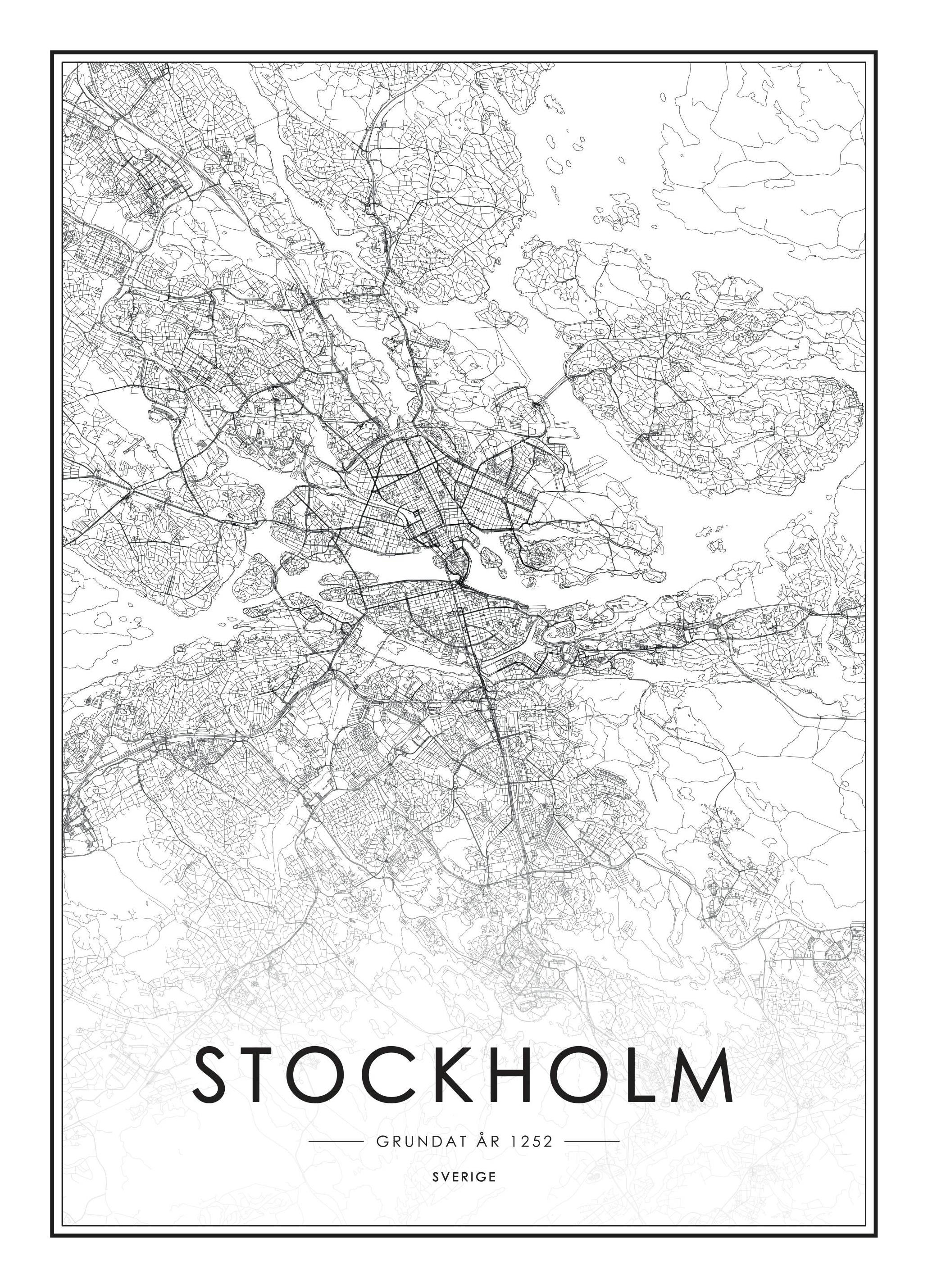 Stockholm Map, Poster (70x100 cm) -  Schwarz-Weiß-Bilder
