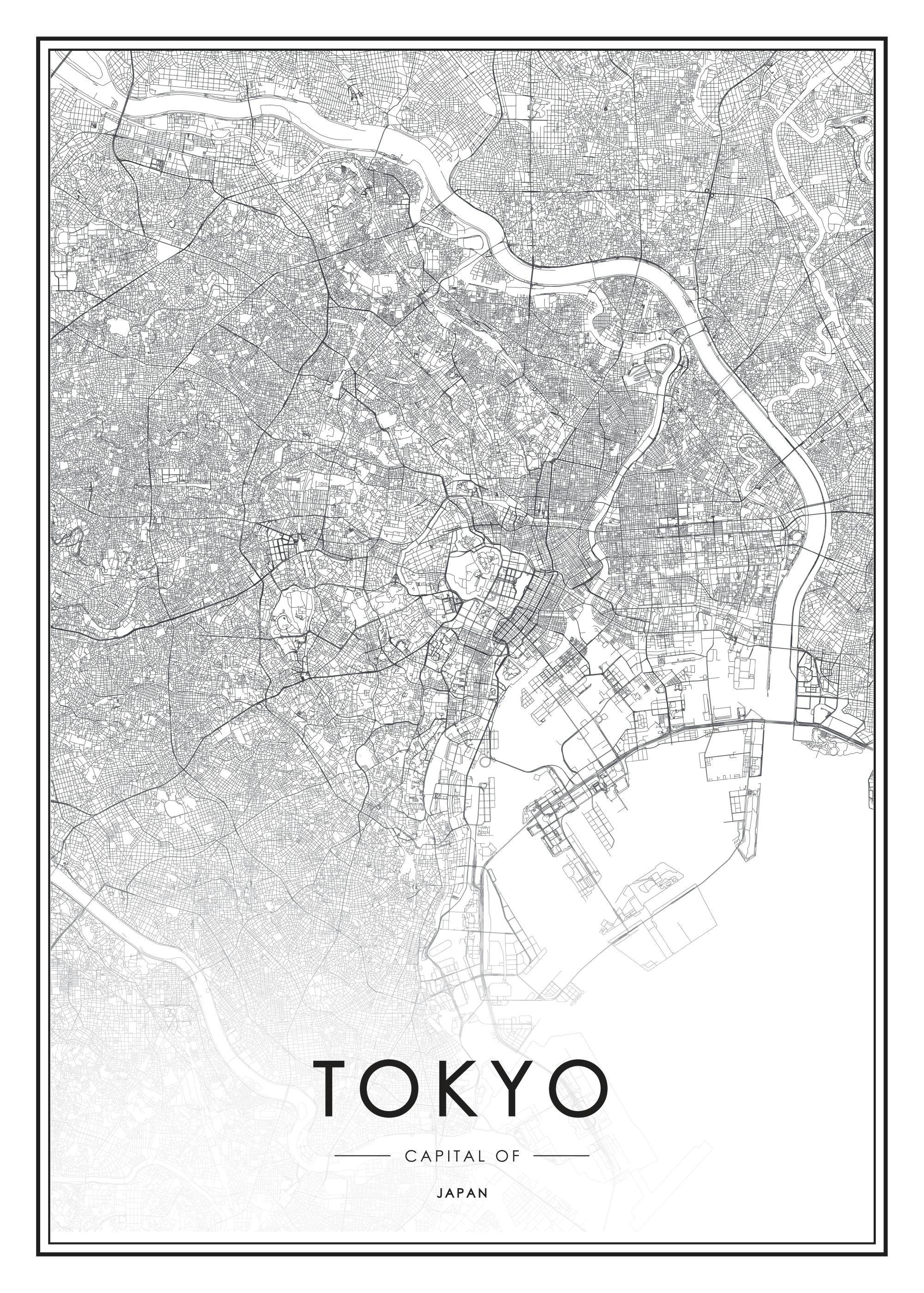 Svarthvit plakat med detaljert kart over Tokyo, som viser byens gater og elver.