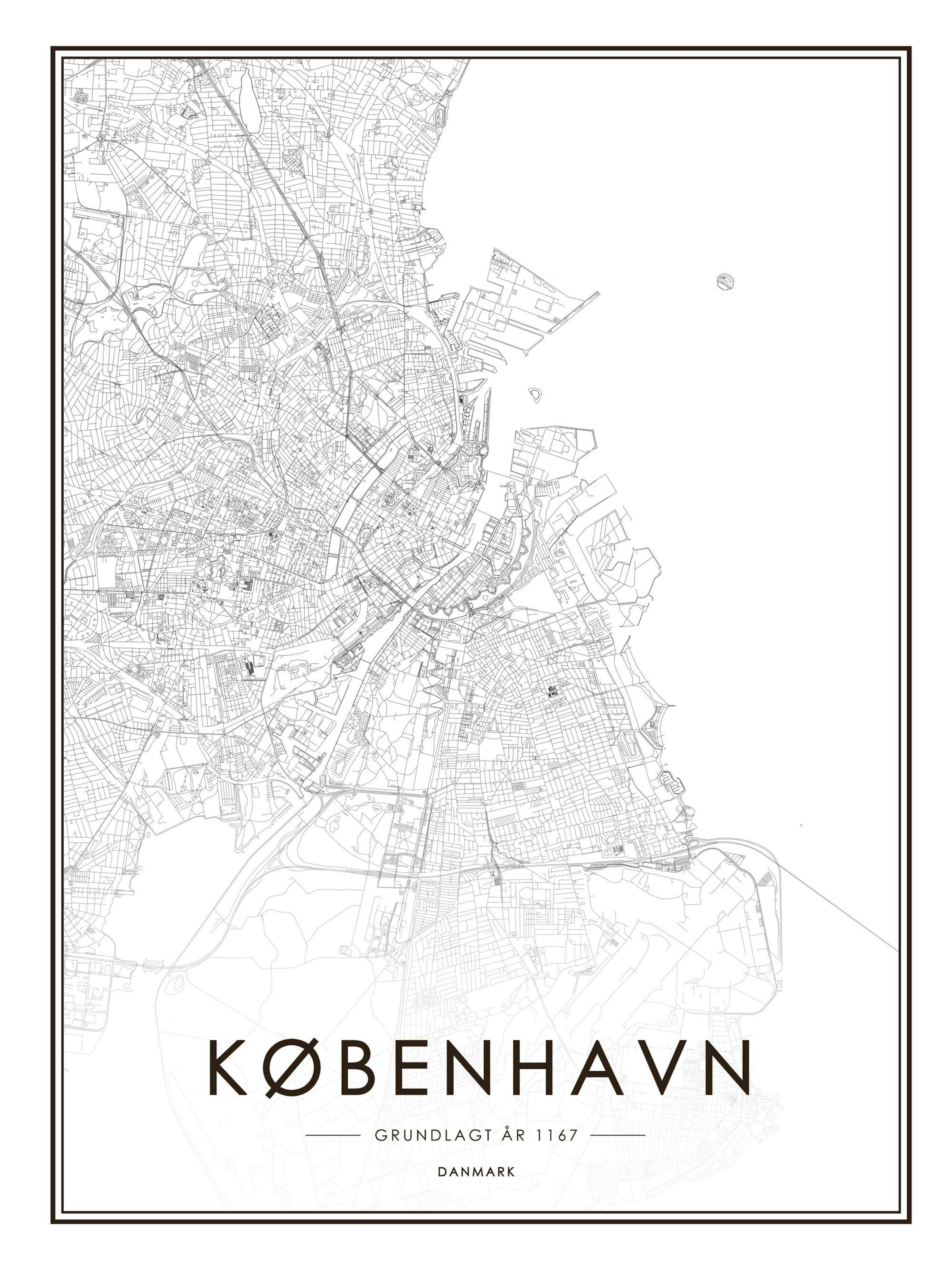 Póster de Copenhague con mapa en blanco y negro, estilo urbano y elegante que detalla las calles de la capital danesa.