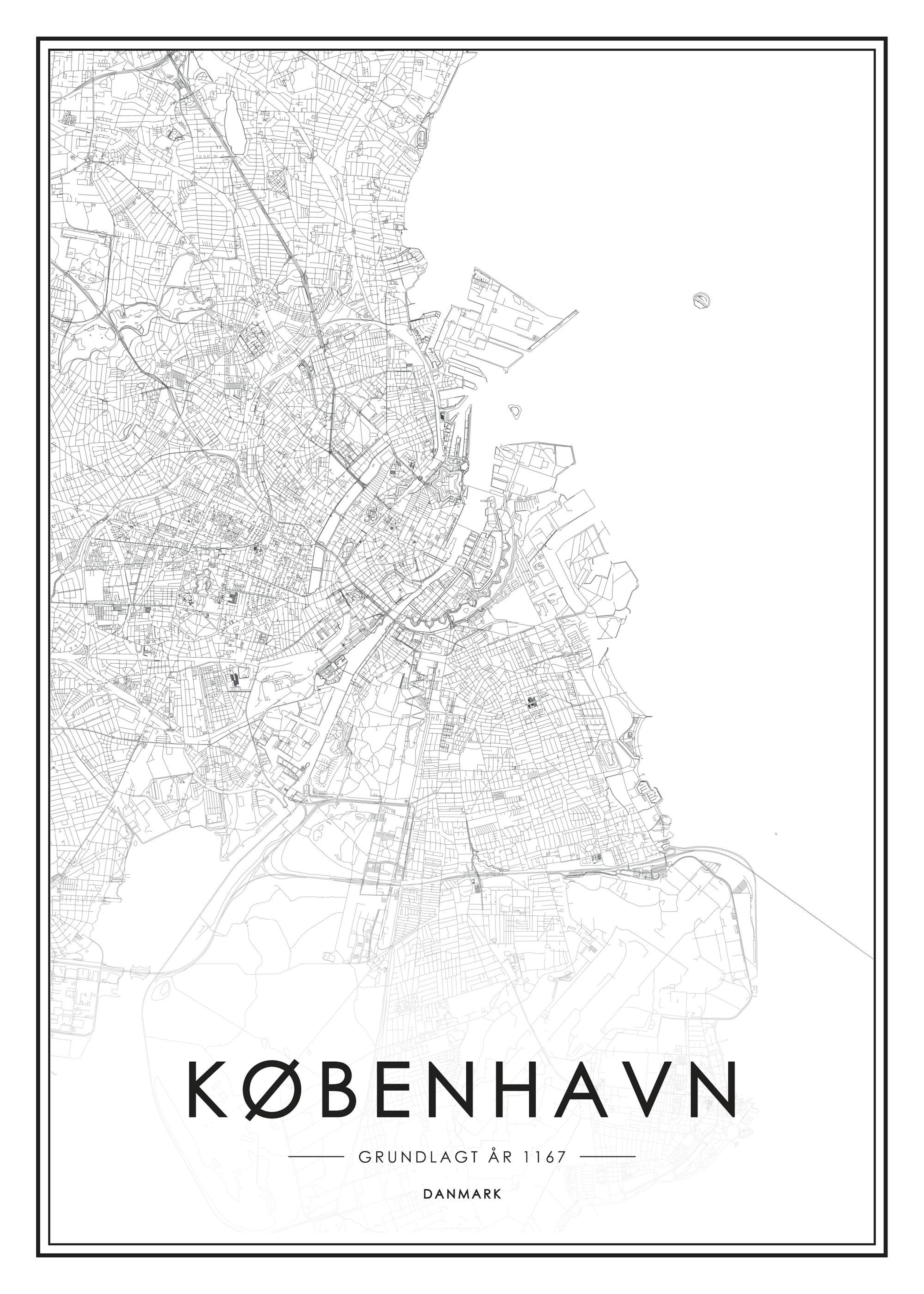 Black and white map poster of Copenhagen, Denmark, featuring detailed street and water outlines.