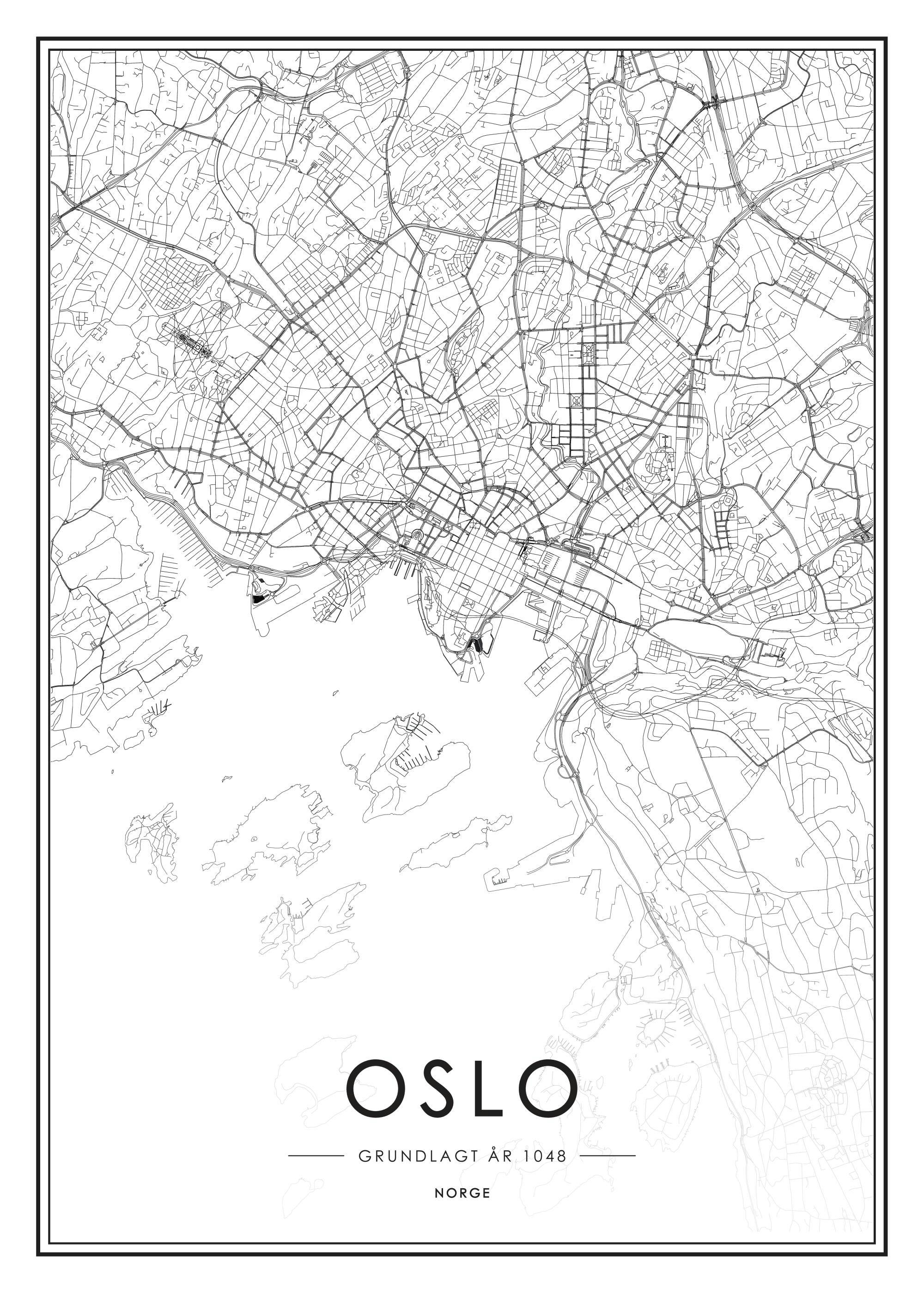 Schwarz-weißer Oslo-Stadtplan Poster, detaillierte Vintage-Karte von Oslo, Skandinavien, mit Straßen und Küstenlinien.