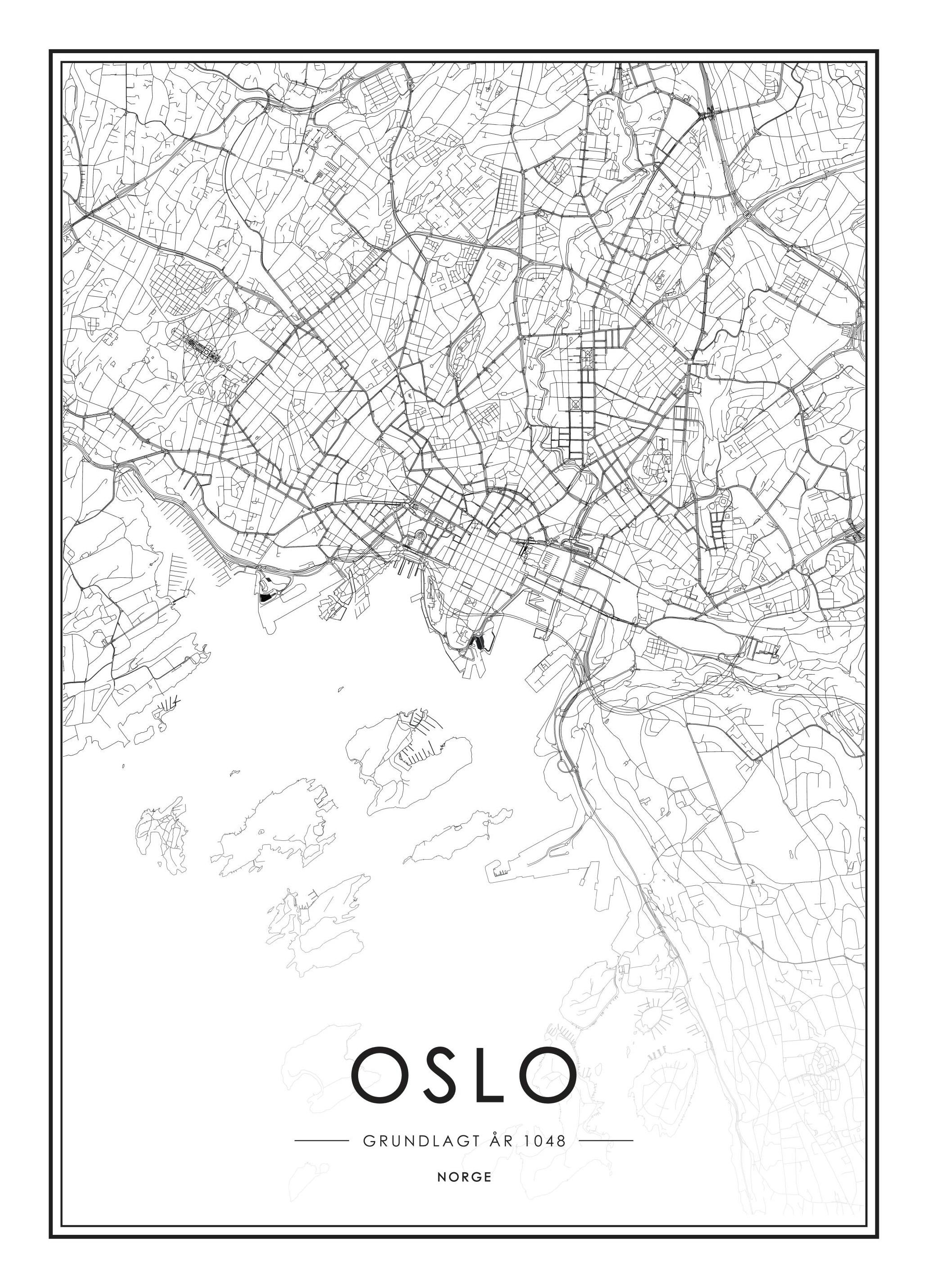 Oslo Map B&W, Print (50x70 cm) - Zwart wit posters
