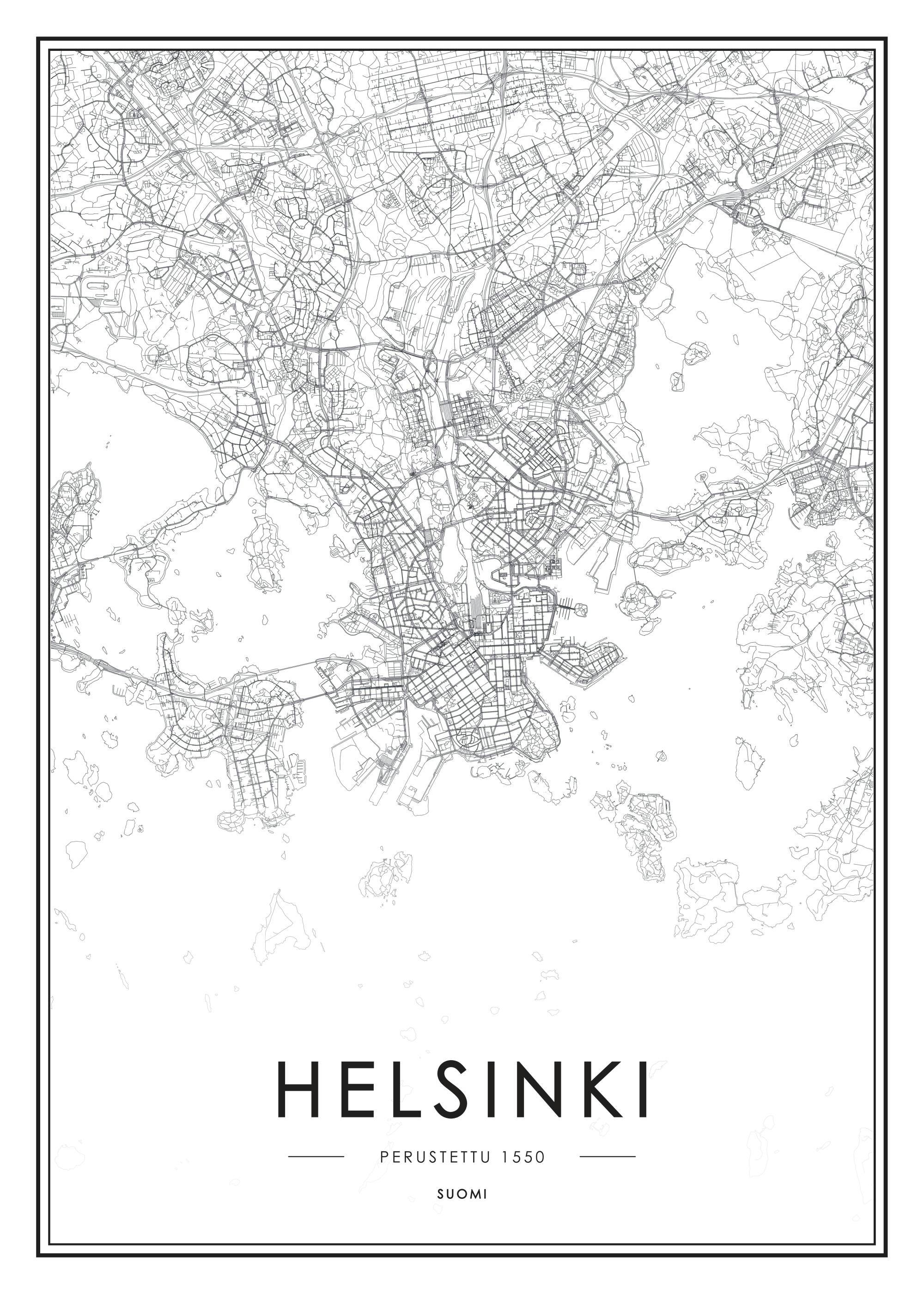 Schwarz-weißer Helsinki Stadtplan als Poster, minimalistisches Design mit feinen Linien, skandinavische Kunst.