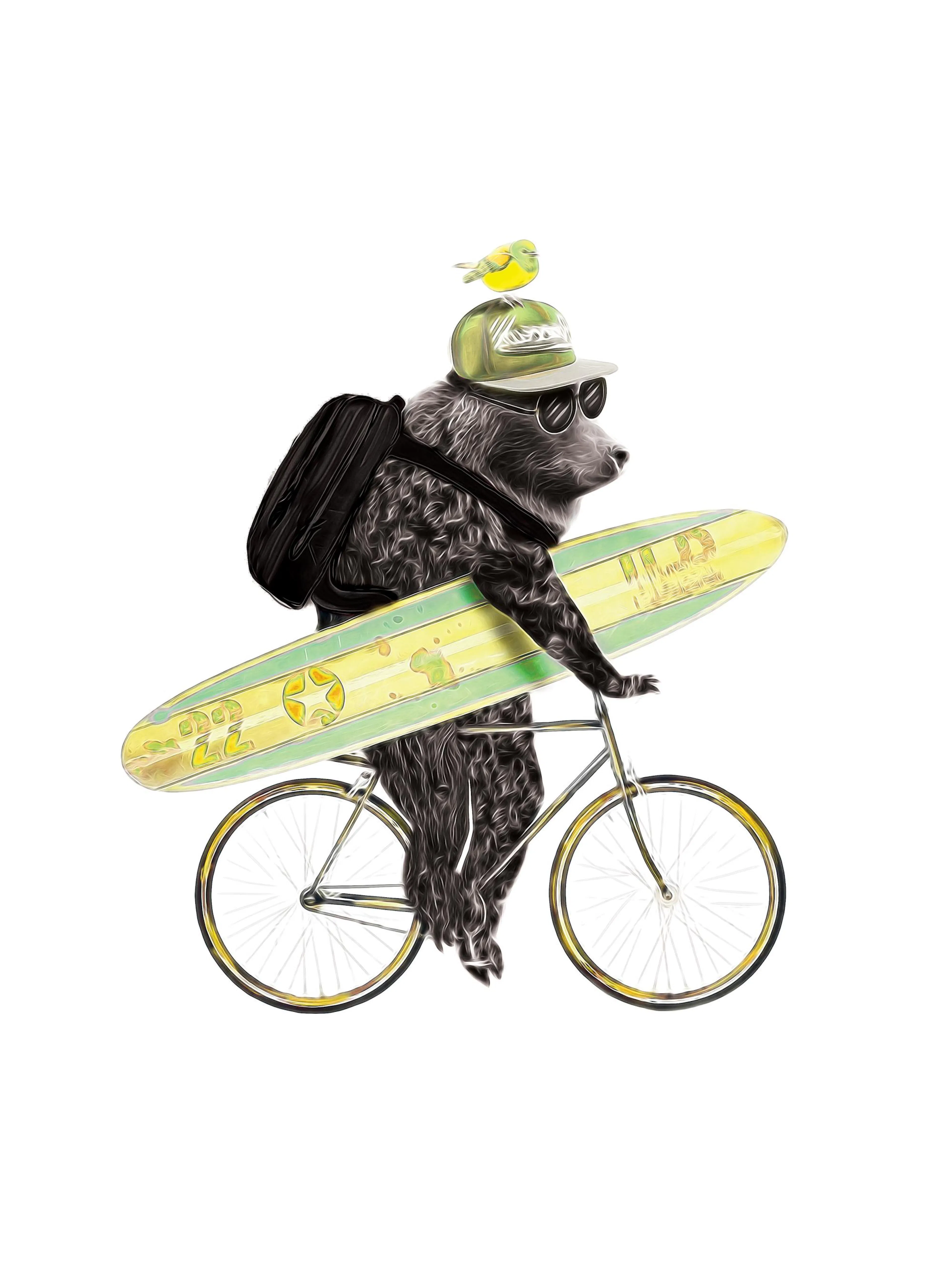 自転車に乗った熊のイラスト、サングラスと帽子を着用し、サーフボードを抱え、背中にリュックを背負っている