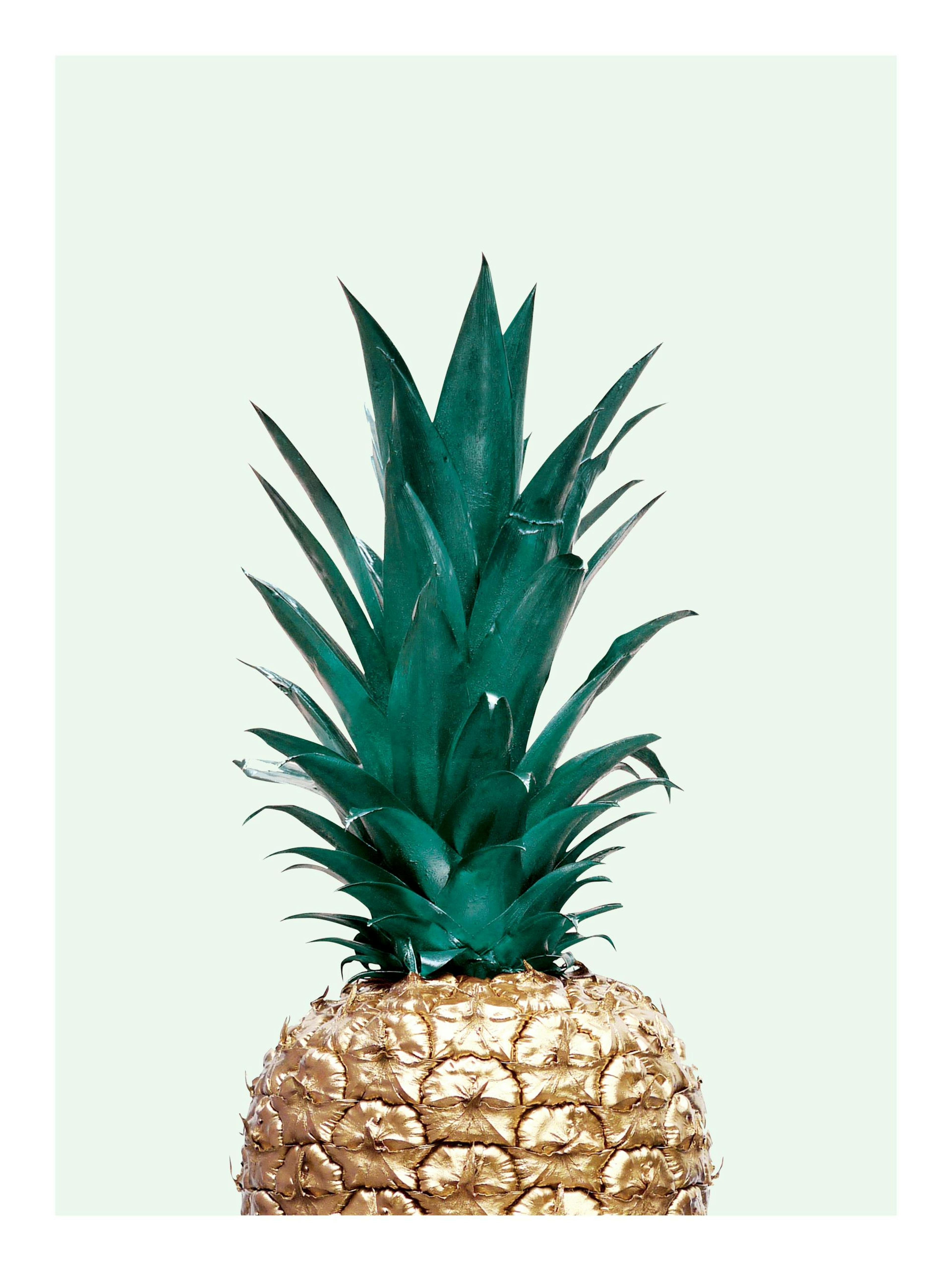 Gold pineapple on a light green background, stylish and trendy fruit poster print.