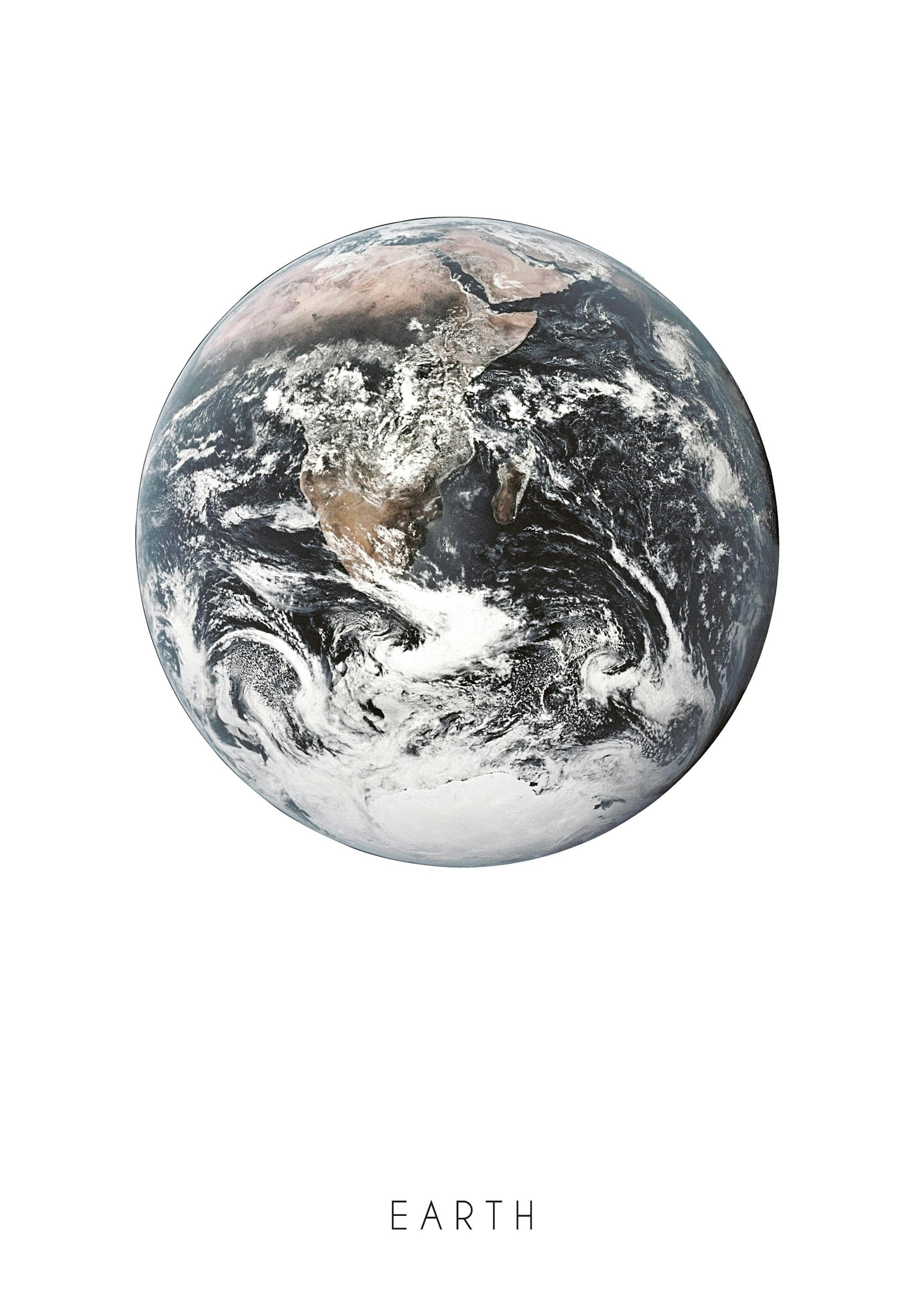 Earth poster, a detailed view of the planet with visible continents and swirling clouds against a white background.