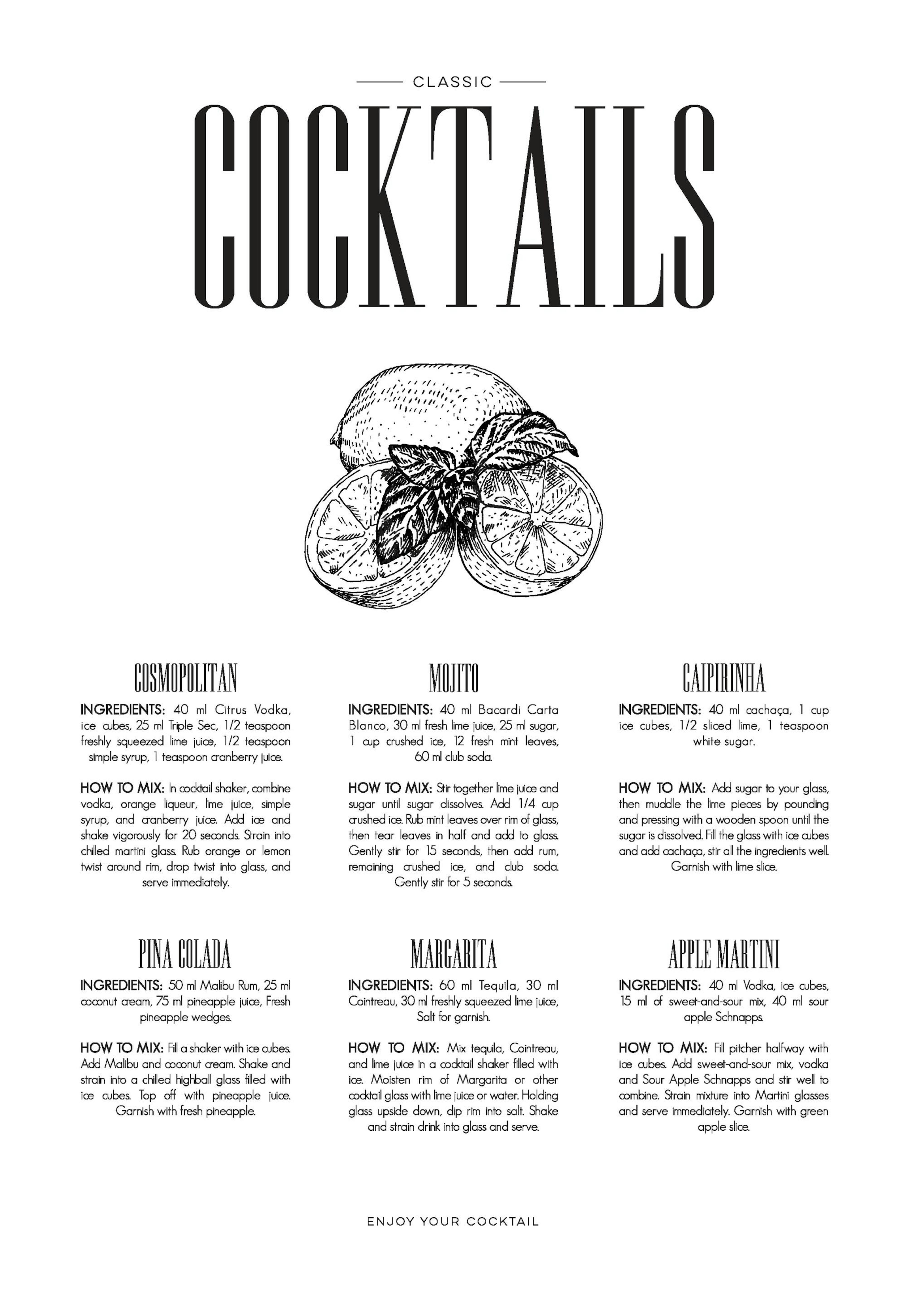 Plagát s receptami na koktaily, čiernobielym nápisom CLASSIC COCKTAILS“ a kresbou citrusov s mätou.