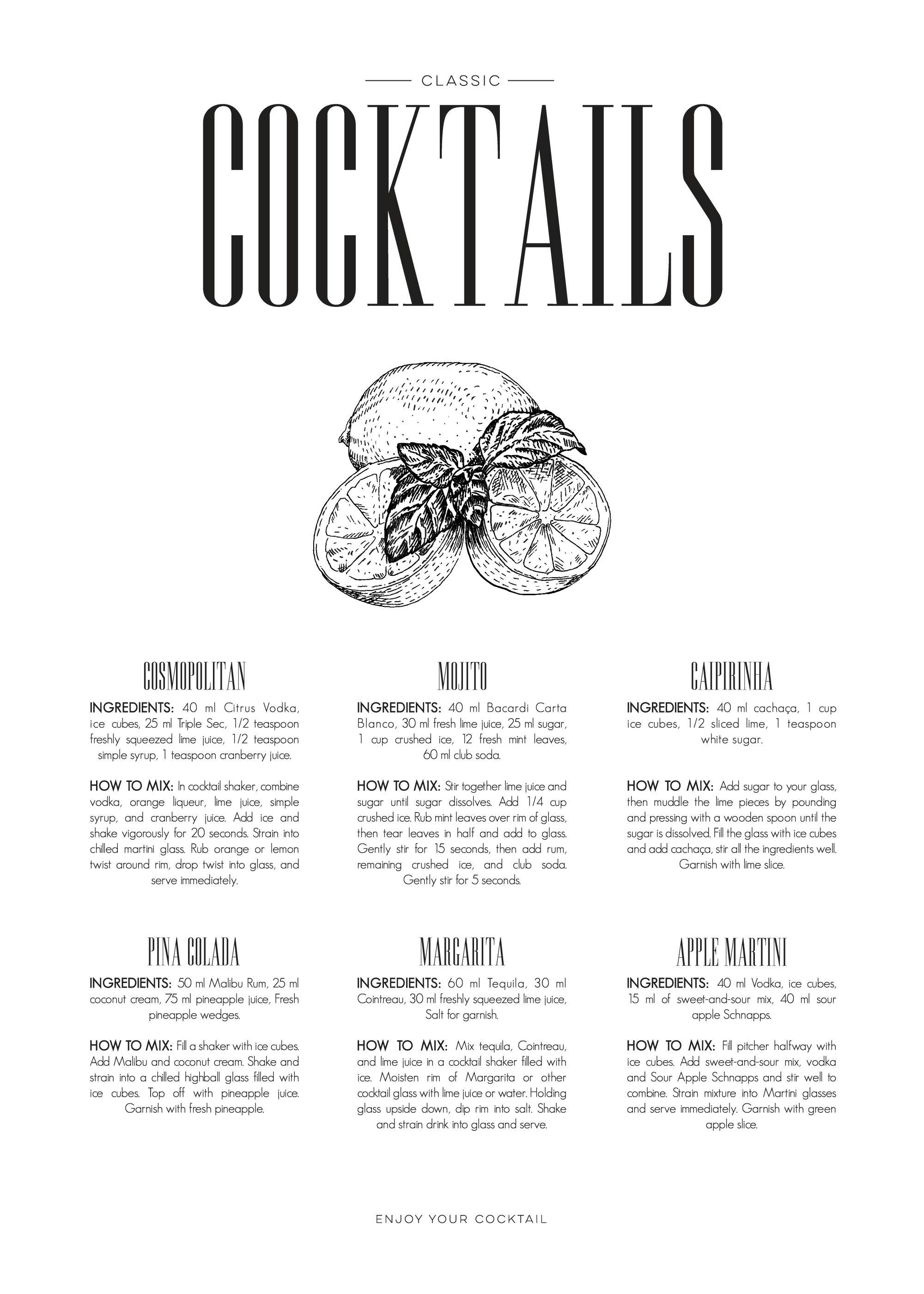 Affiche de recettes de cocktails classique avec typographie élégante et illustration de citrons en noir et blanc.