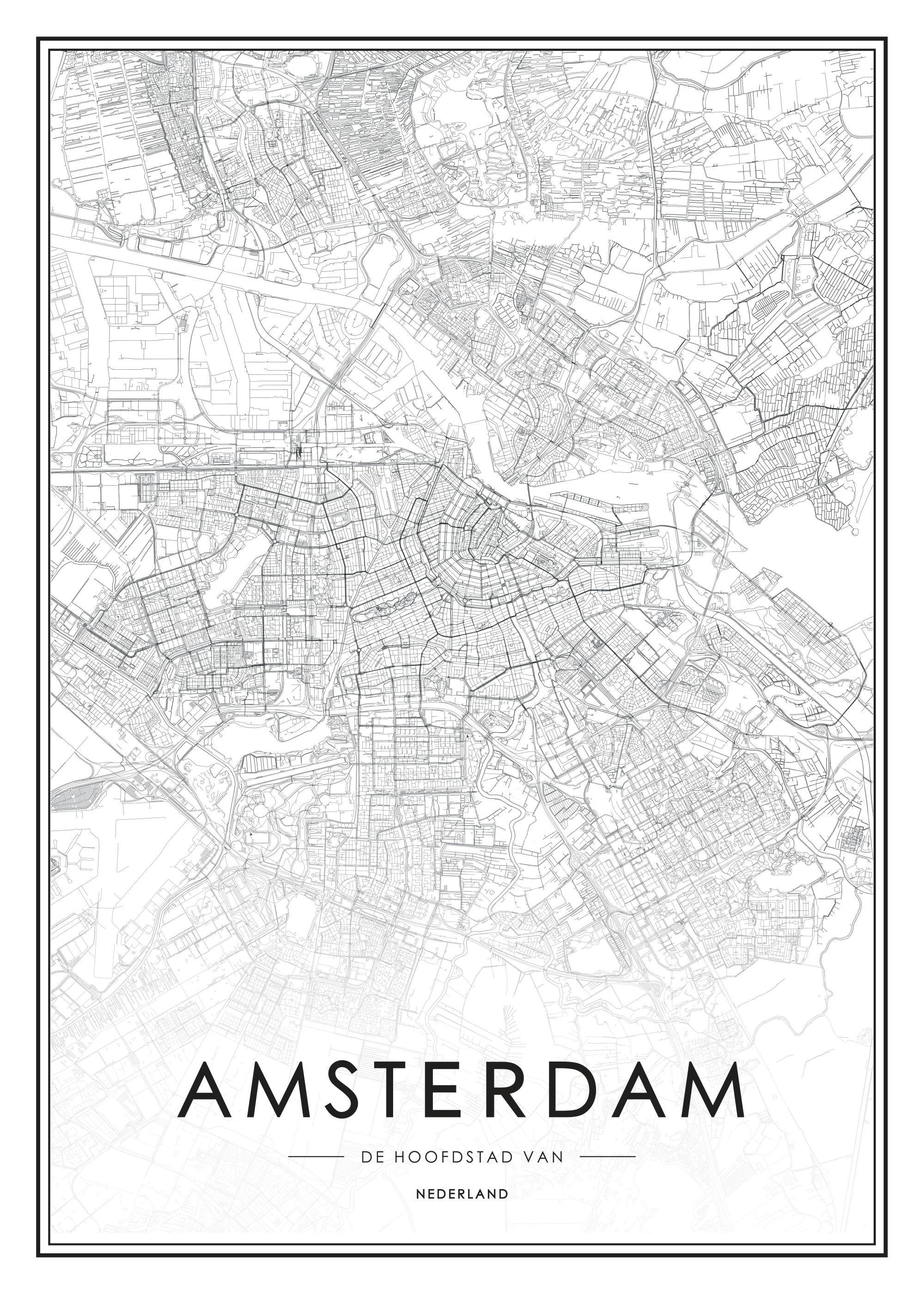 Affiche noir et blanc de la carte dAmsterdam, avec typographie du nom de la ville en bas.
