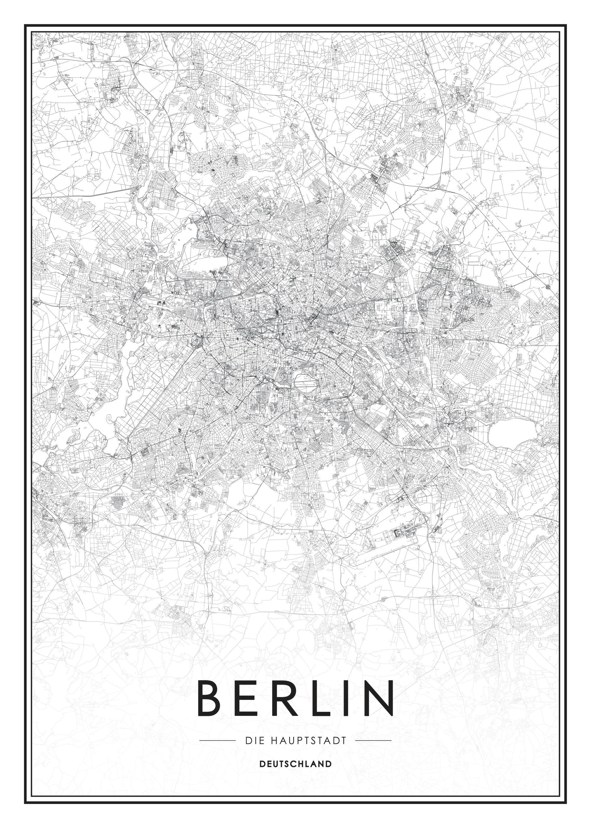 Póster de mapa de Berlín en blanco y negro, mostrando las calles y barrios de la ciudad en detalle.
