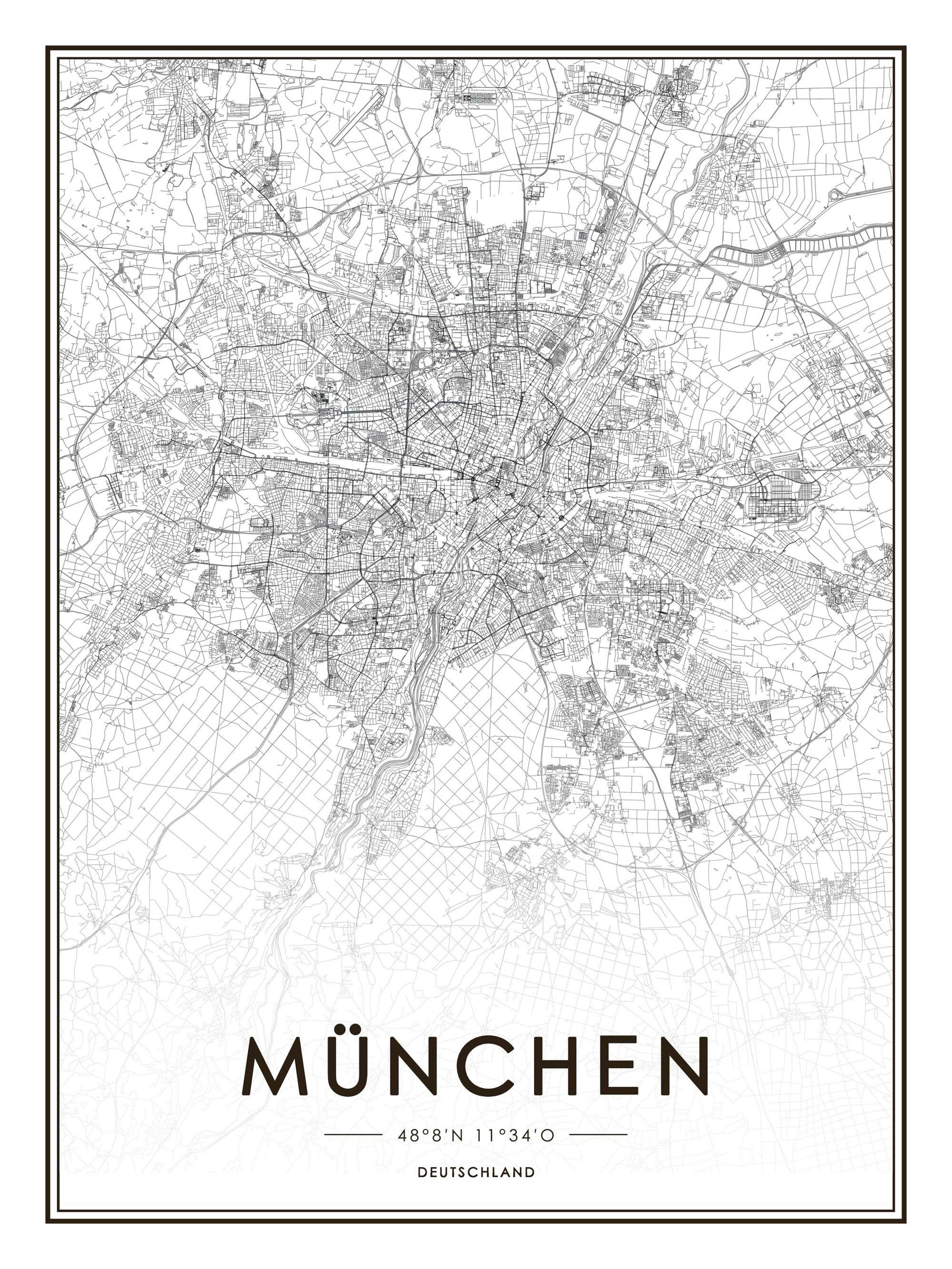 Affiche noir et blanc de la carte de Munich avec typographie moderne et coordonnées, idéale pour une déco tendance ou vintage.