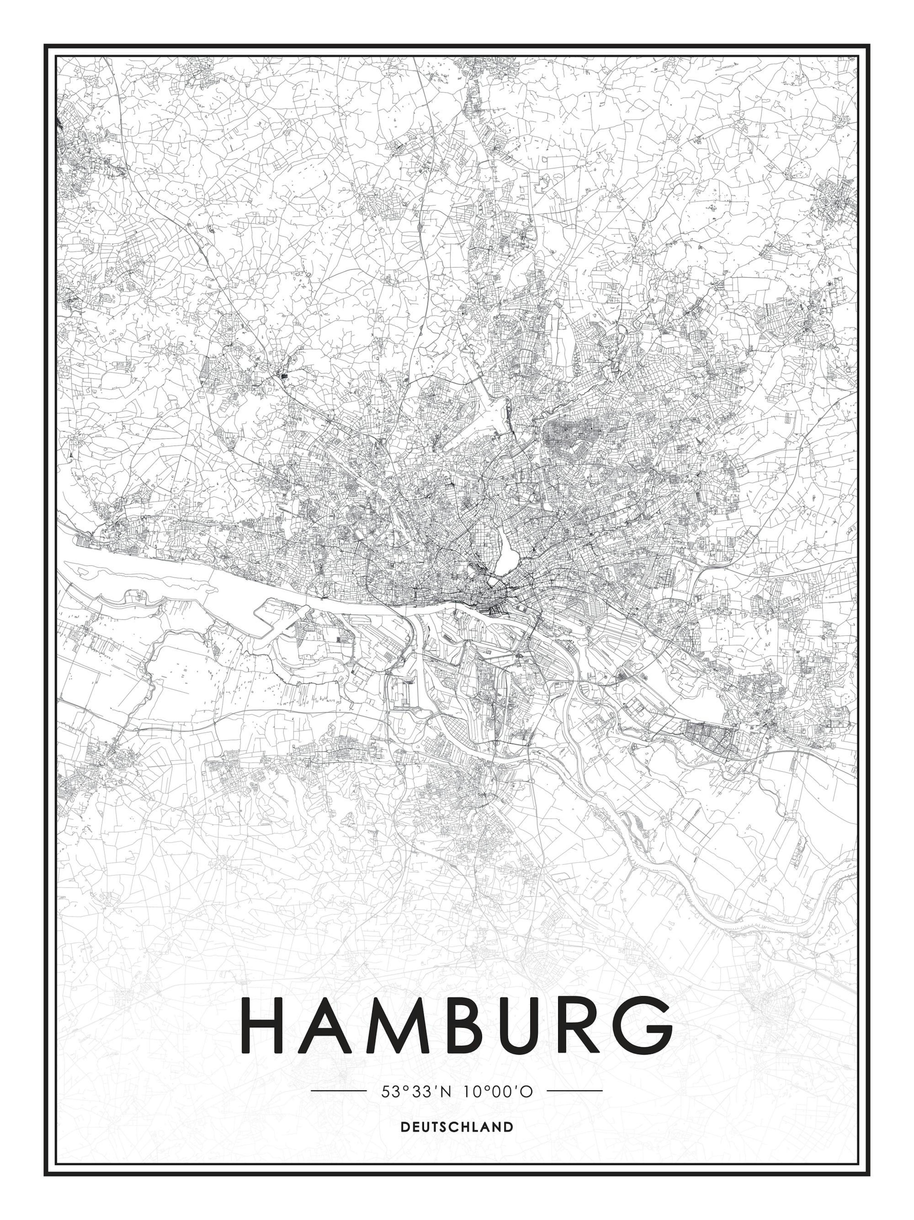 Poster monocromatico con mappa di Amburgo, dettagliata in bianco e nero, con nome città e coordinate.