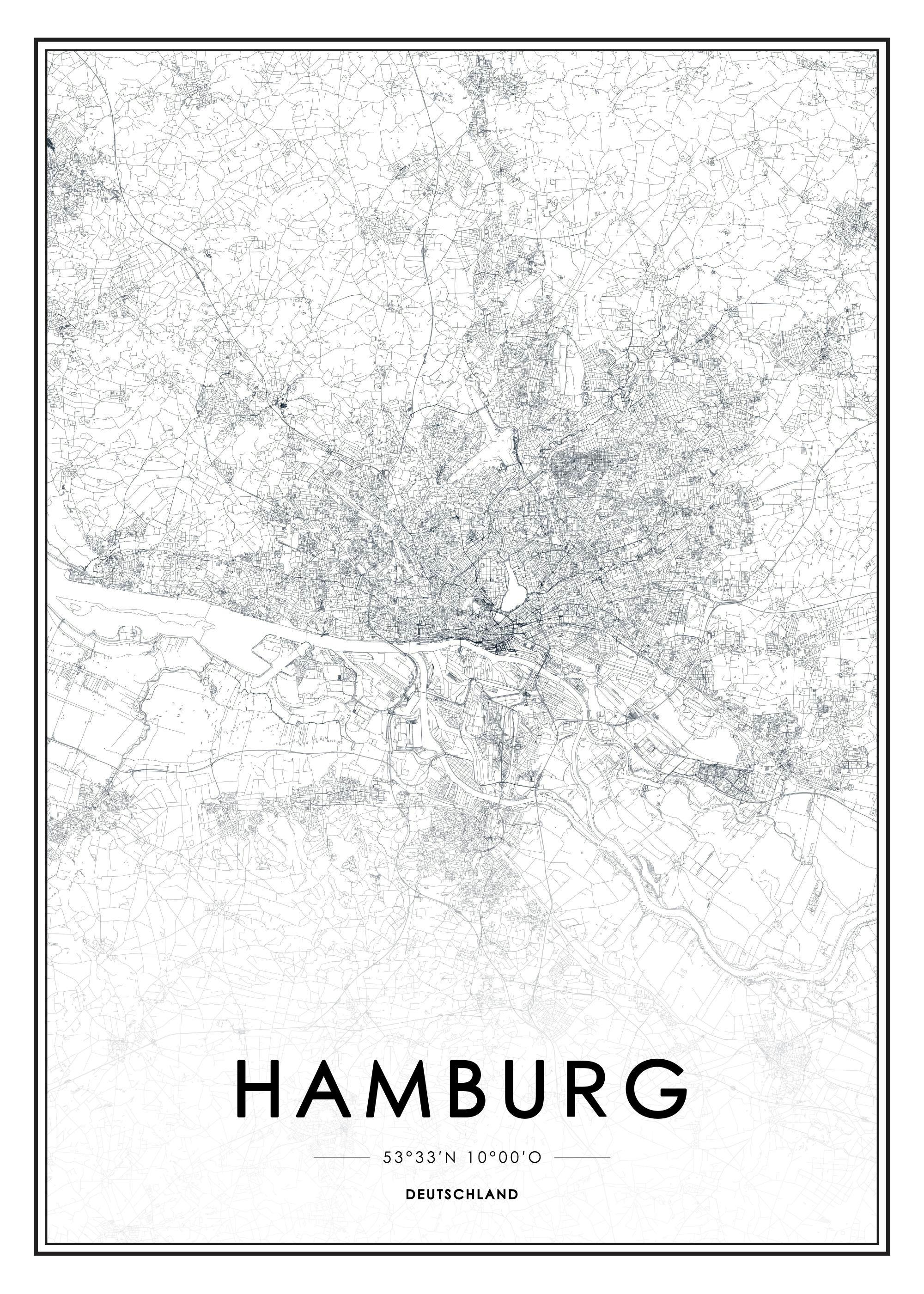 Affiche noir et blanc du plan de la ville de Hambourg avec le mot HAMBURG en bas et les coordonnées