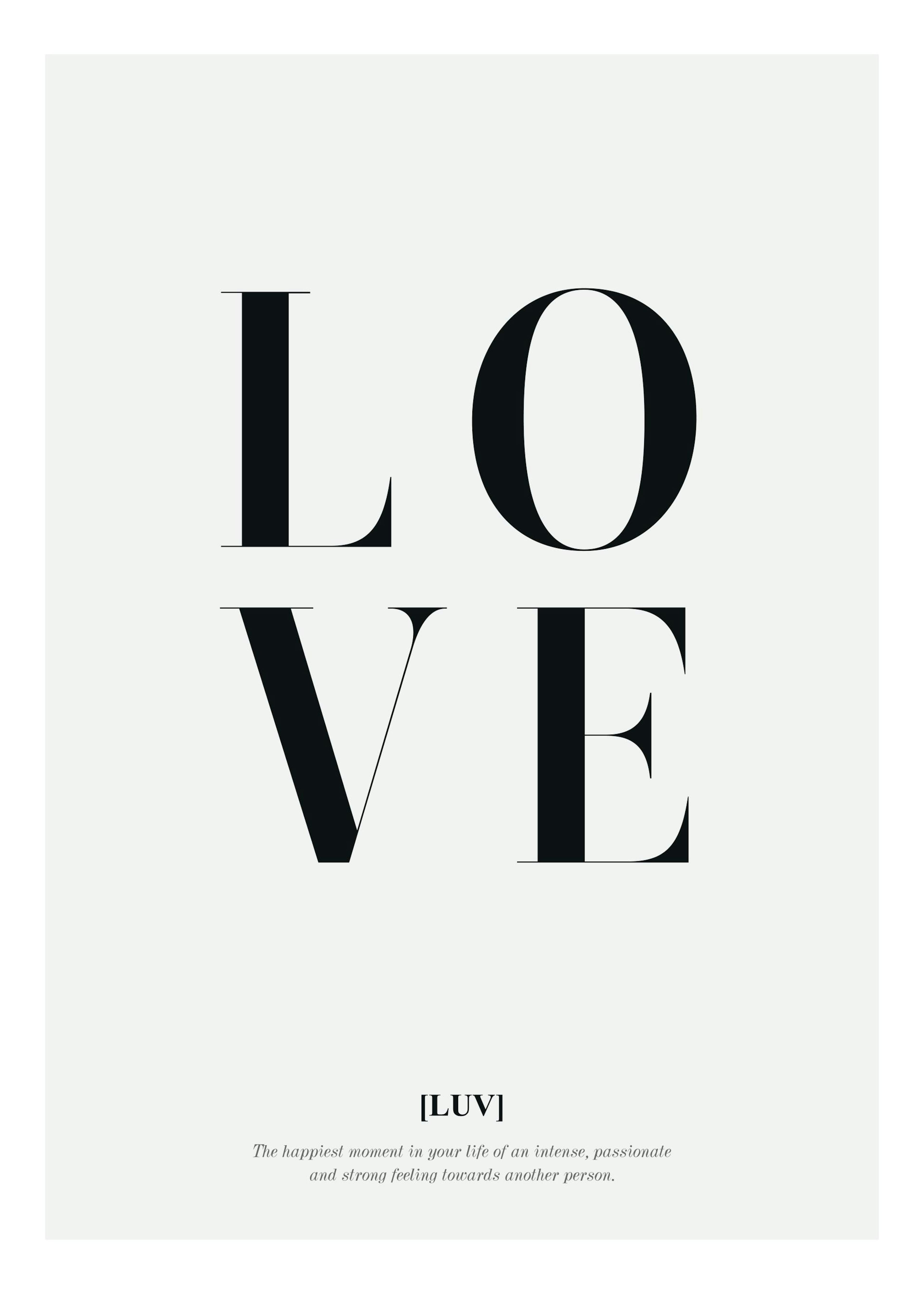 Love typography poster with bold black text on a white background, perfect for a modern home decor print.