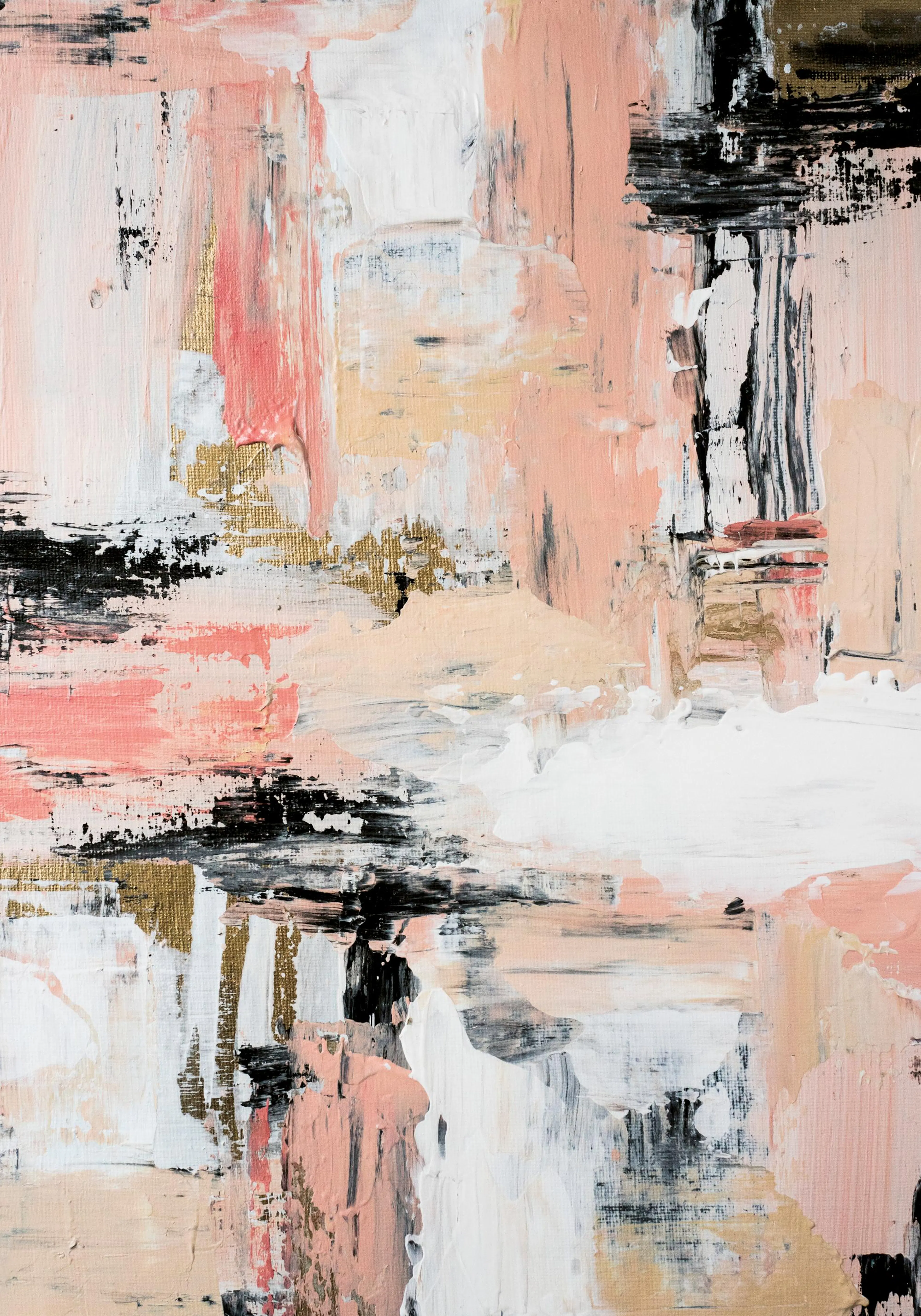 Abstract No1 print with peach, gold, black, and white textured brushstrokes, showcasing paint texture.
