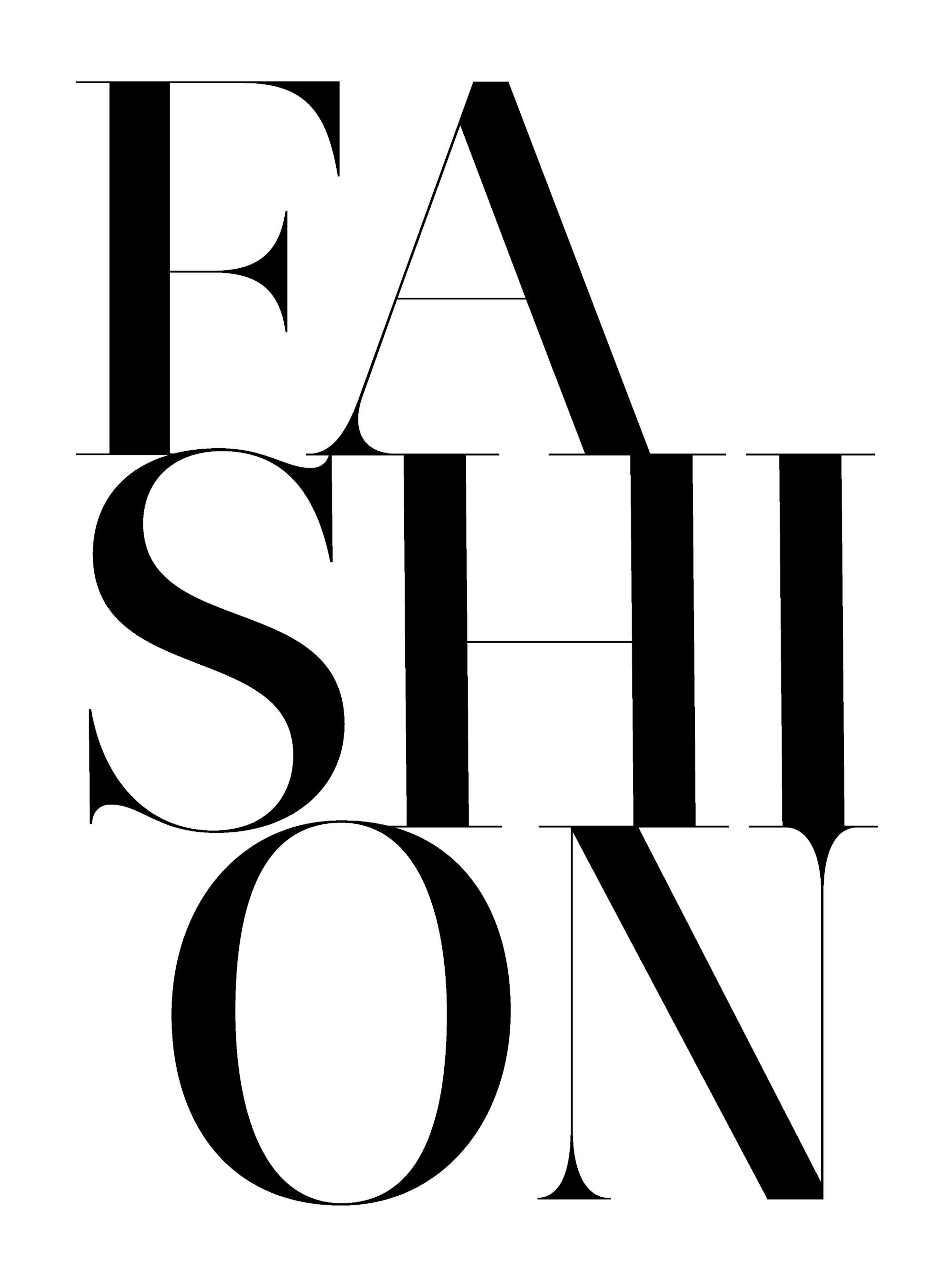 Αφίσα μόδας με τη λέξη FASHION σε μαύρα, κομψά γράμματα σε λευκό φόντο.