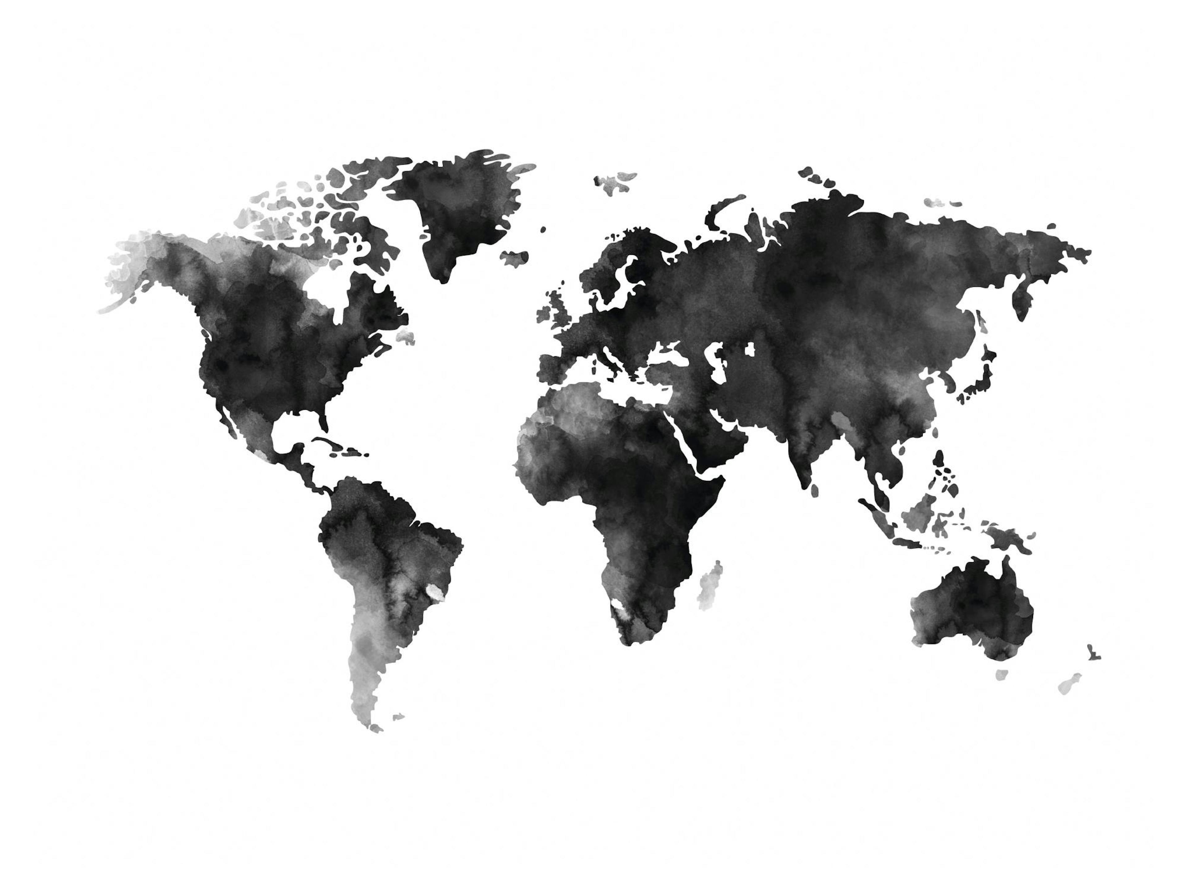 Mapa mundi acuarela tonos grises y negros, contornos suaves, efecto salpicadura.