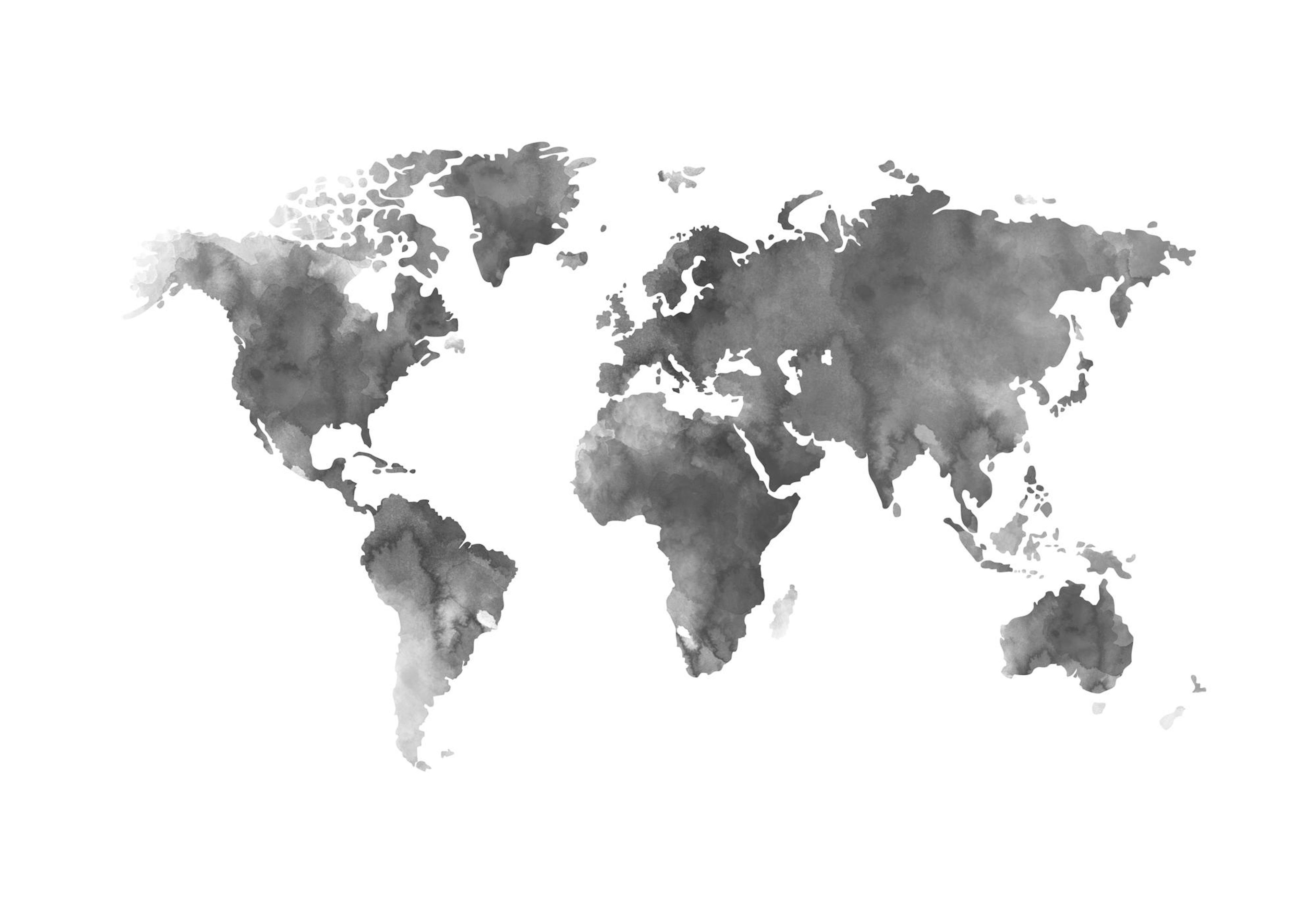世界地図のグレー水彩画ポスター、白背景に地球の輪郭、教育的な地図アート