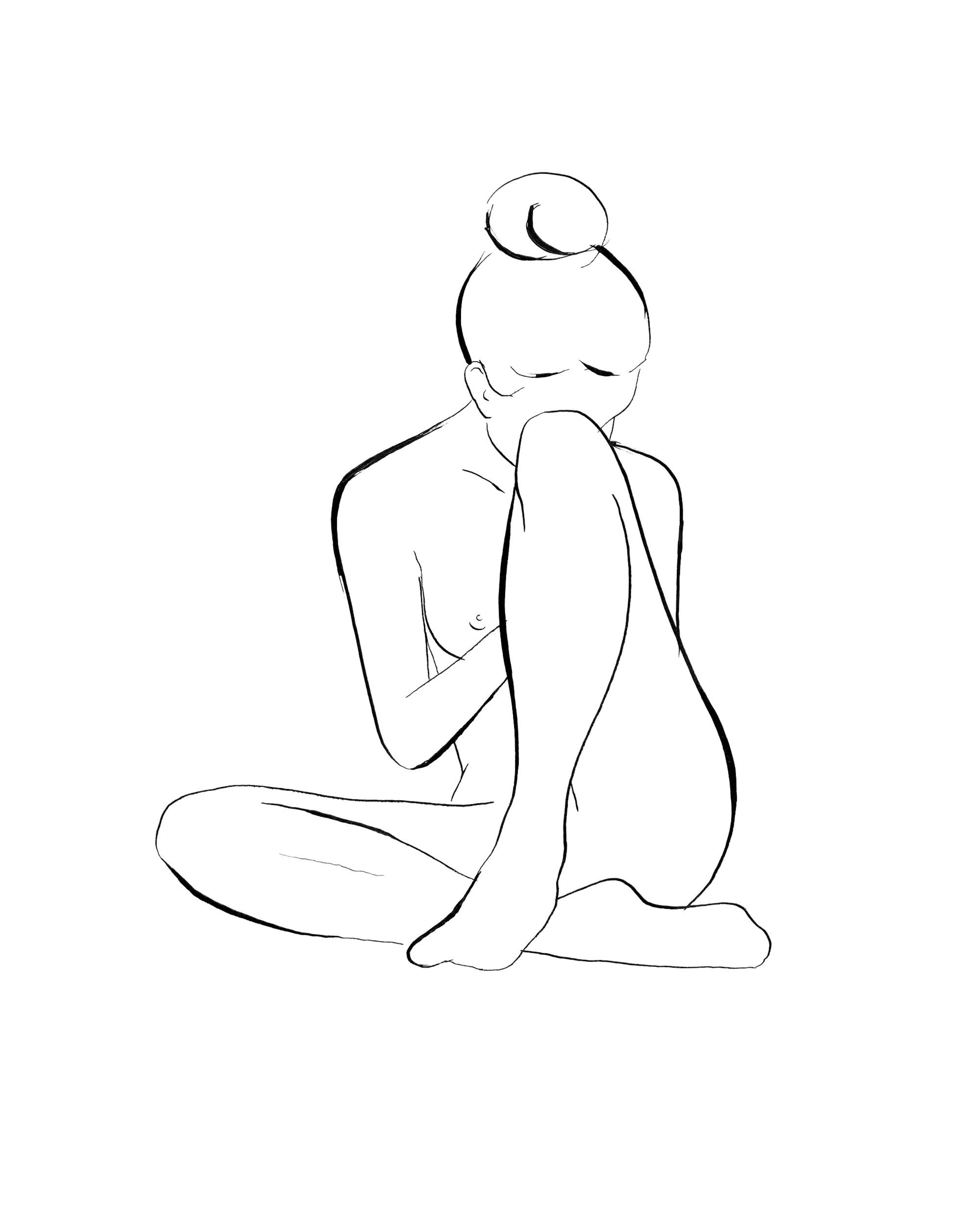Line art print of a woman with hair bun, seated, covering her face. Minimalist poster print.