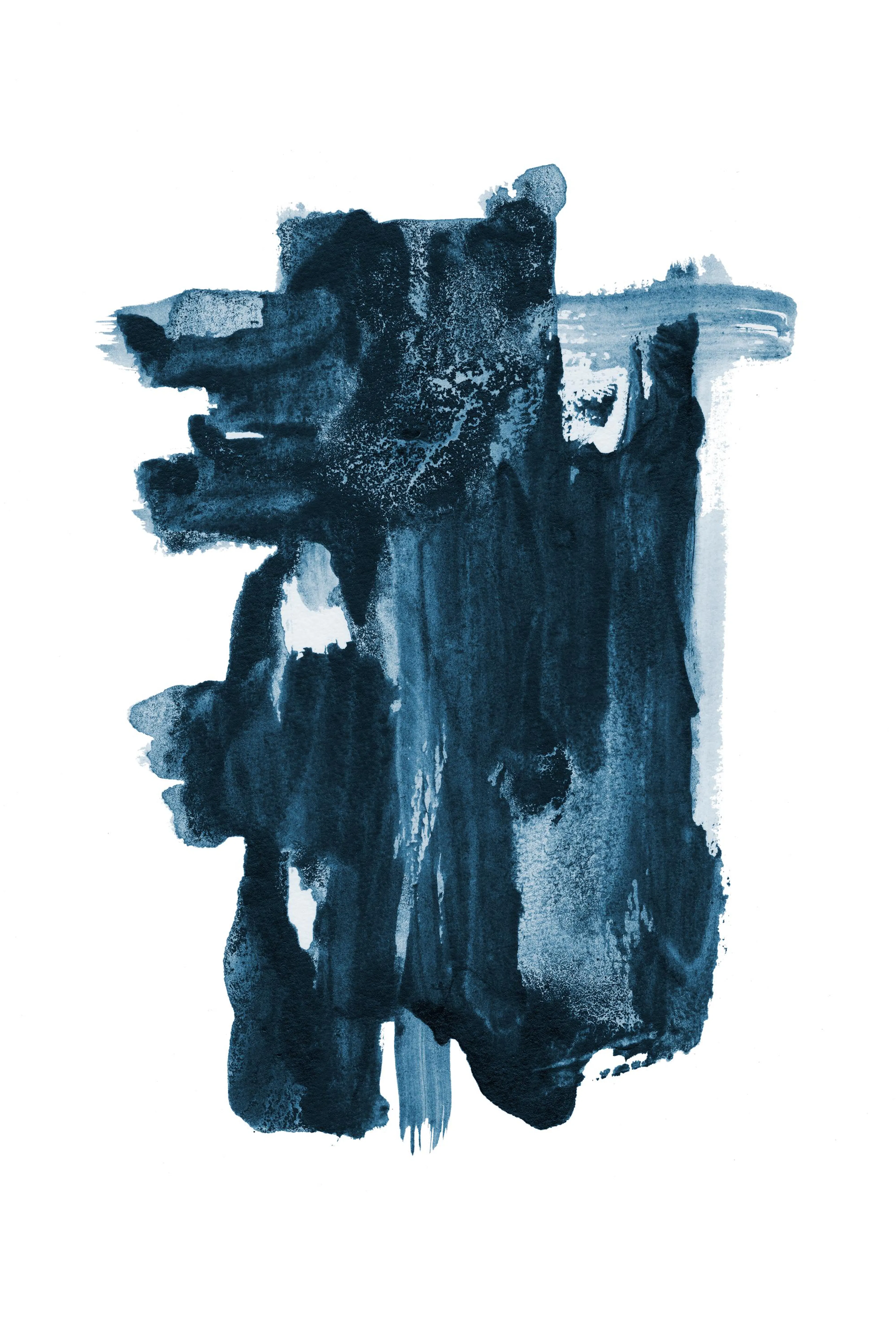Abstraktes Poster mit einer blauen, groben Form auf weißem Hintergrund, mit sichtbarer Pinselstruktur.