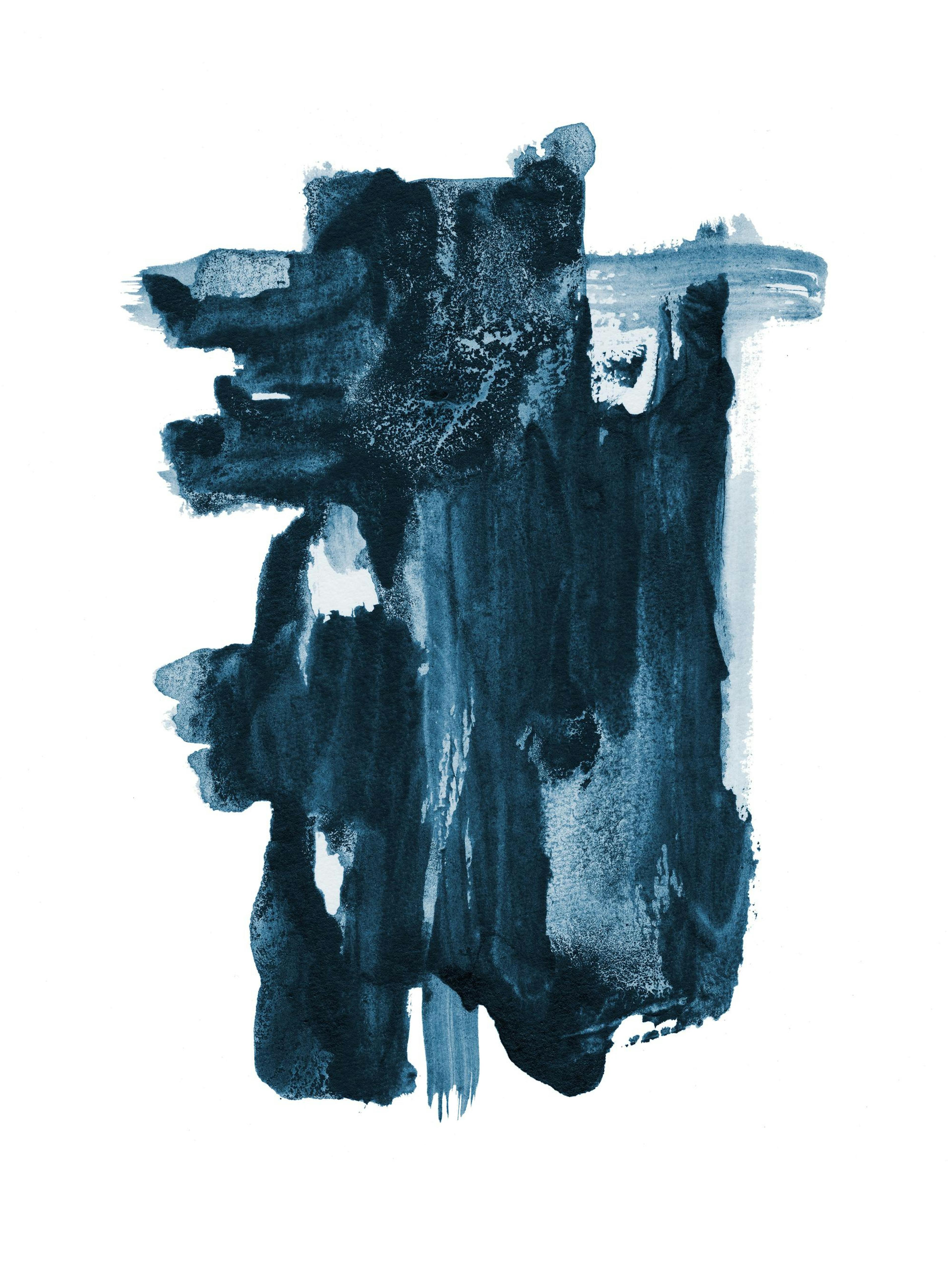 Indigo blue abstract art print on white background, brushstrokes and texture visible on poster