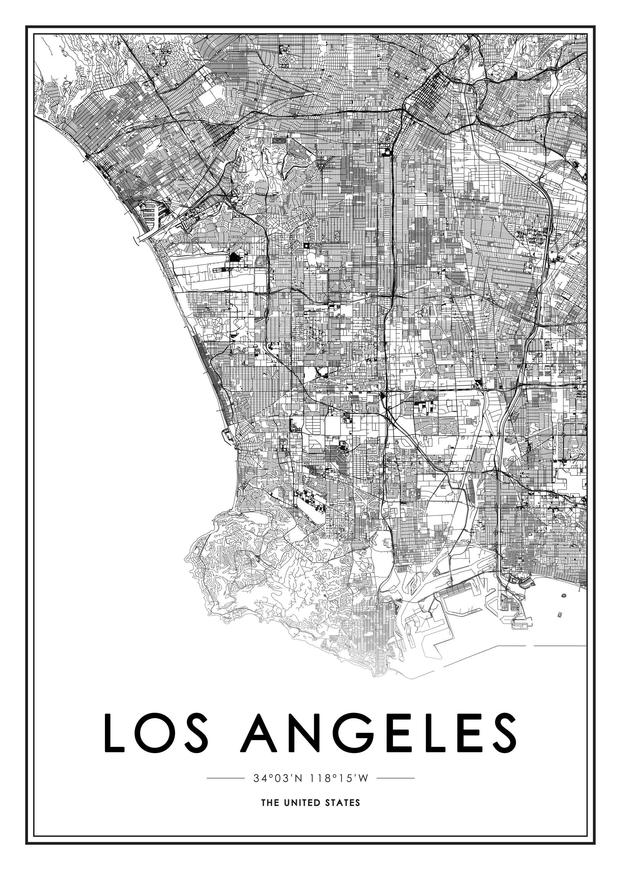 Black and white Los Angeles map print poster with street details and city name.