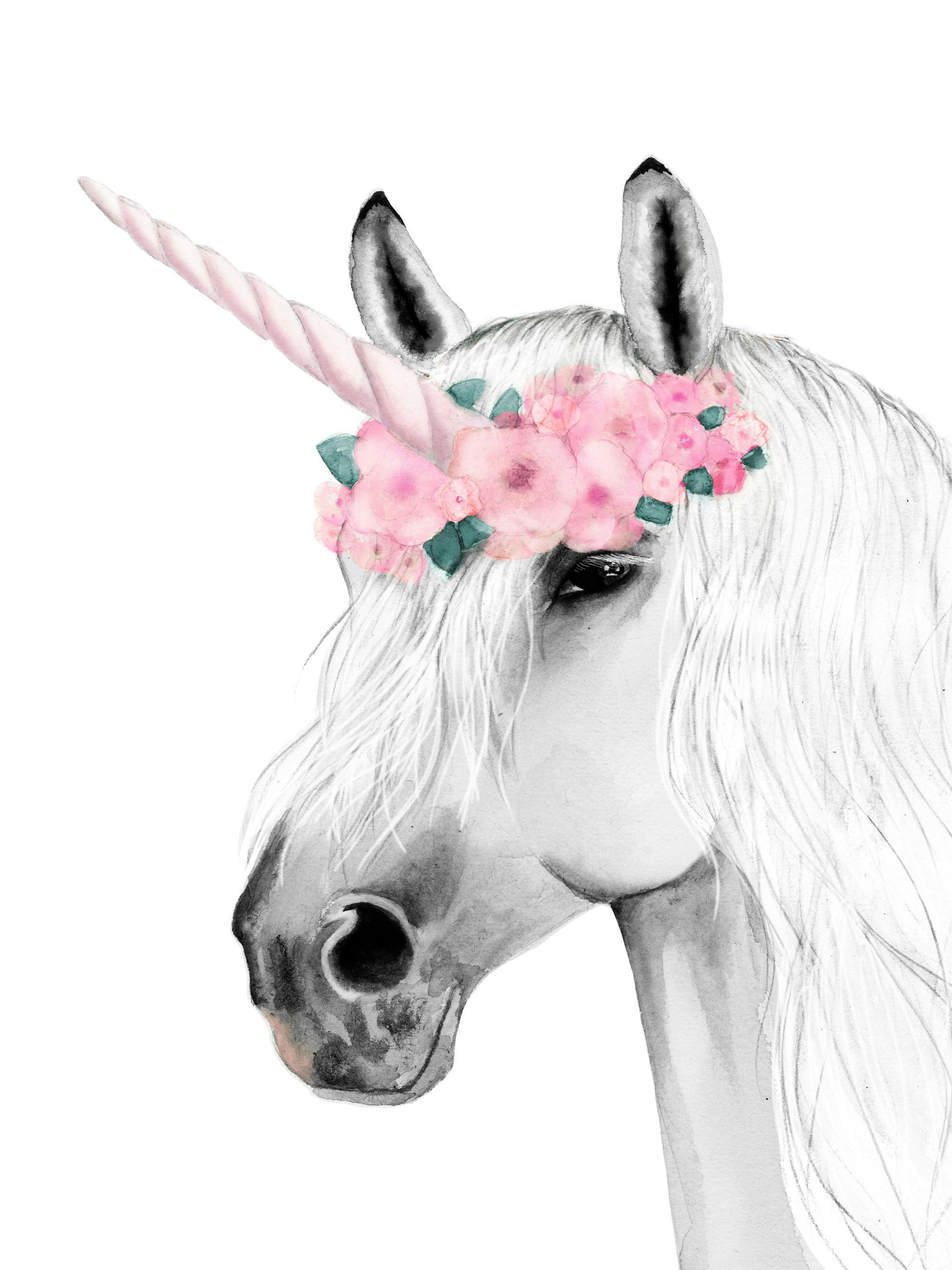 Póster de unicornio blanco con crin larga y flores rosadas en la cabeza, sobre fondo gris con estrellas plateadas y tela.